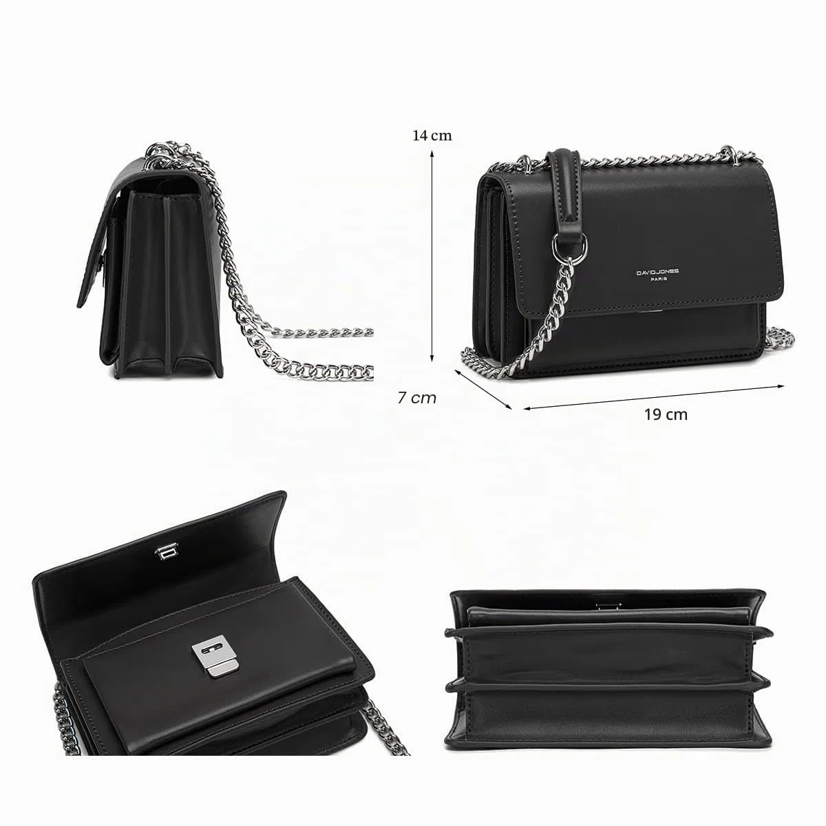 David Jones - Piccola Borsa a Tracolla Spalla Donna - Borsa Mano PU Pelle con Patta - Messenger Crossbody Bag Clutch Borsetta Sera Pochette Elegante Shopping Viaggio - Nero