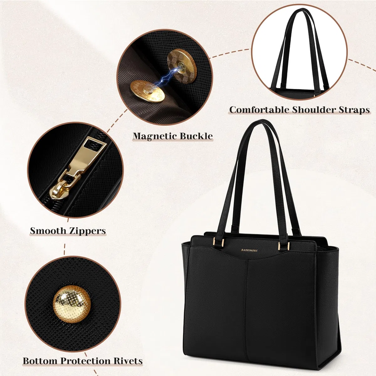 RAINSMORE Borsa Donna Grande Borsa Università Impermeabile Shopper Tote Pelle PU Borse da Lavoro con 14 Pollici Laptop Borse a Tracolla con Tasca Interna Cerniera Shopping Viaggi Scuola Ufficio
