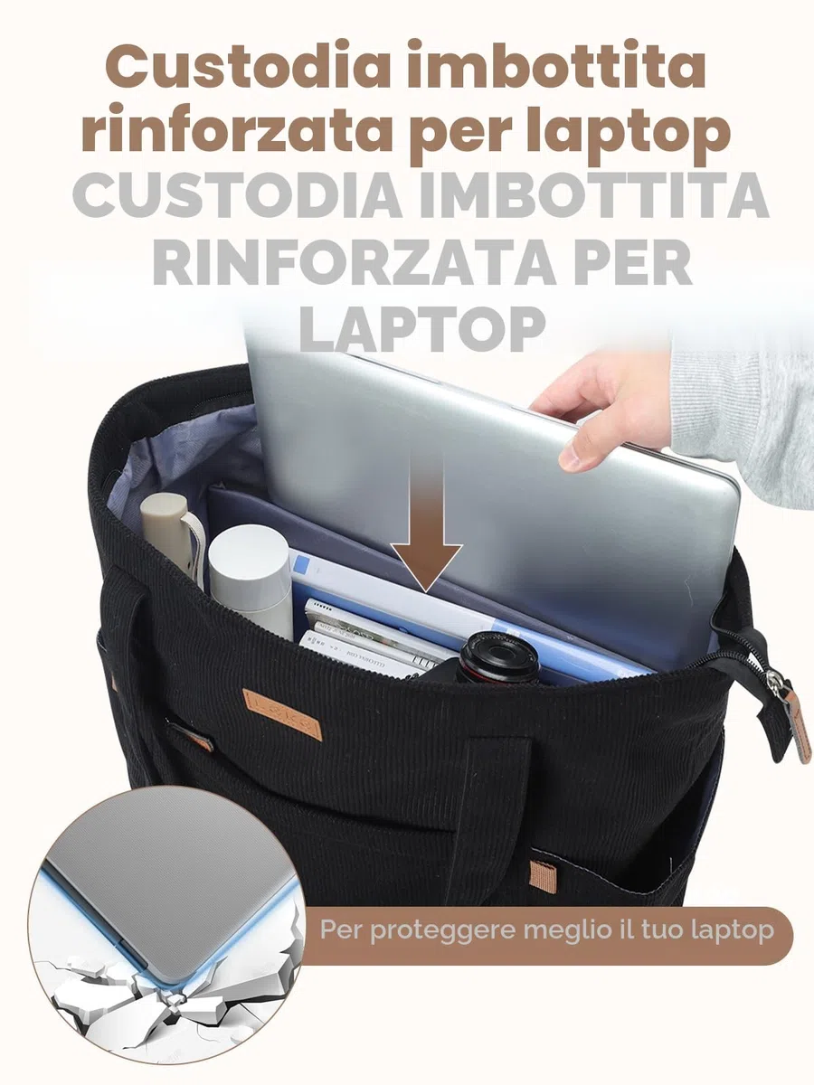 Borsa Tote Bag Università Donna Grande Capiente, Borsa a Tracolla Donna in Velluto a Coste con Cerniera, Borse Spalla Porta PC 15.6 Pollici per Viaggo Lavoro Scuola Ufficio Shopping, Nero S