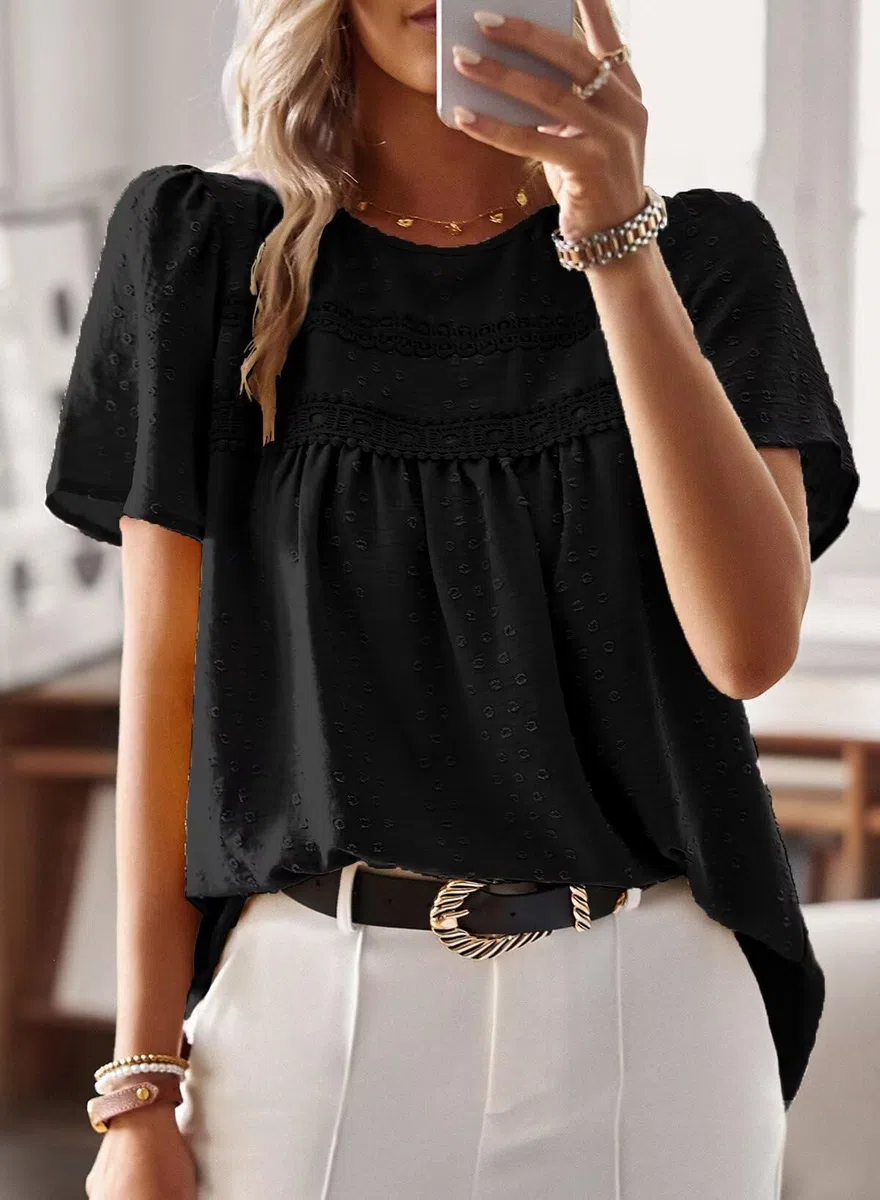 T-Shirt da Donna Pizzo Manica Corta Magliette con Scollo Estive Camicia Casual Abbigliamento Boho Top Maglie Tunica