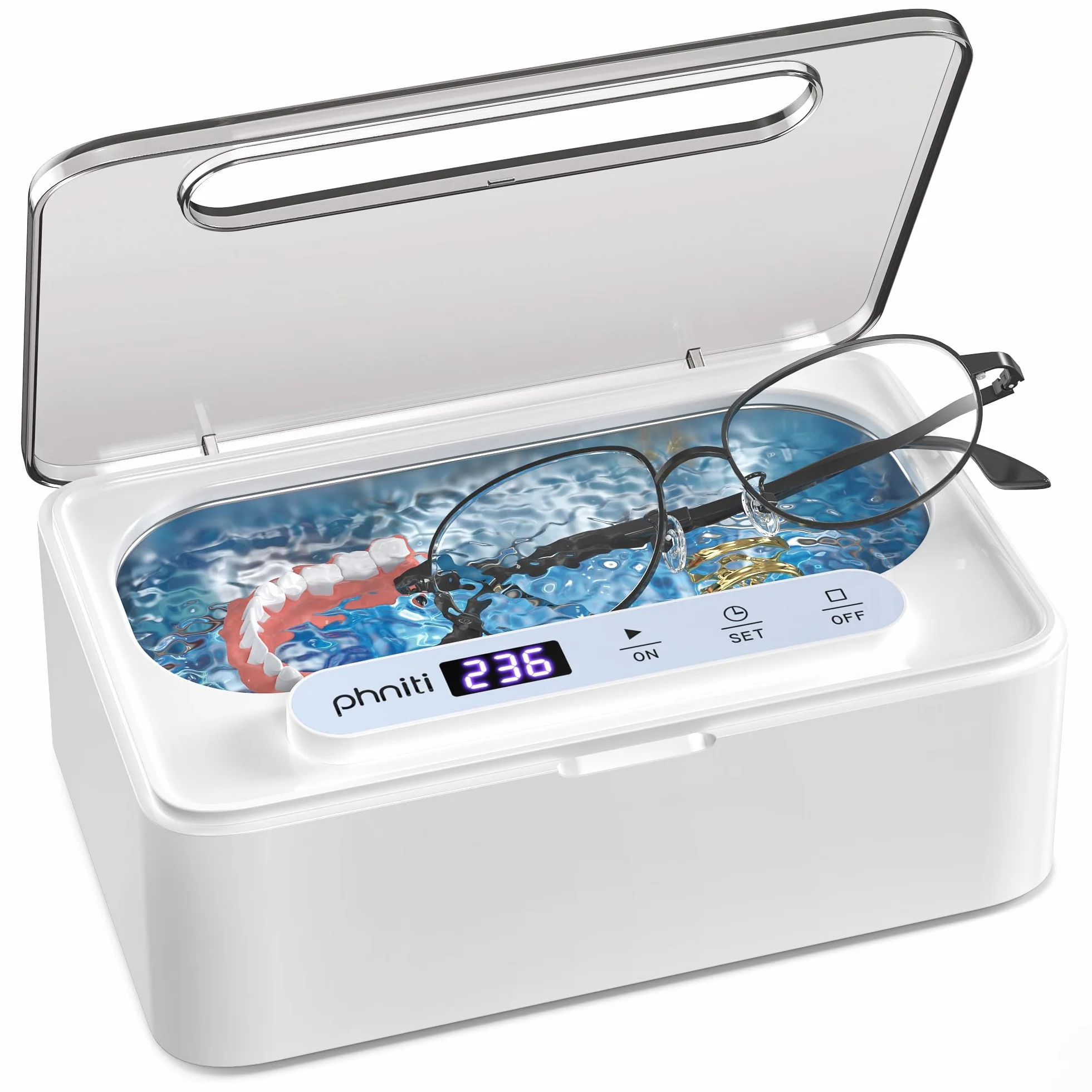 Phniti Pulitore Ultrasuoni, Pulitore Ultrasuoni Apparecchio Denti a 47KHz, Pulitore a Ultrasuoni da 330 ml Ultrasonic Cleaner, Portatile ad Pulitore Ultrasuoni Gioielli per Protesi, Occhiali, Orologi