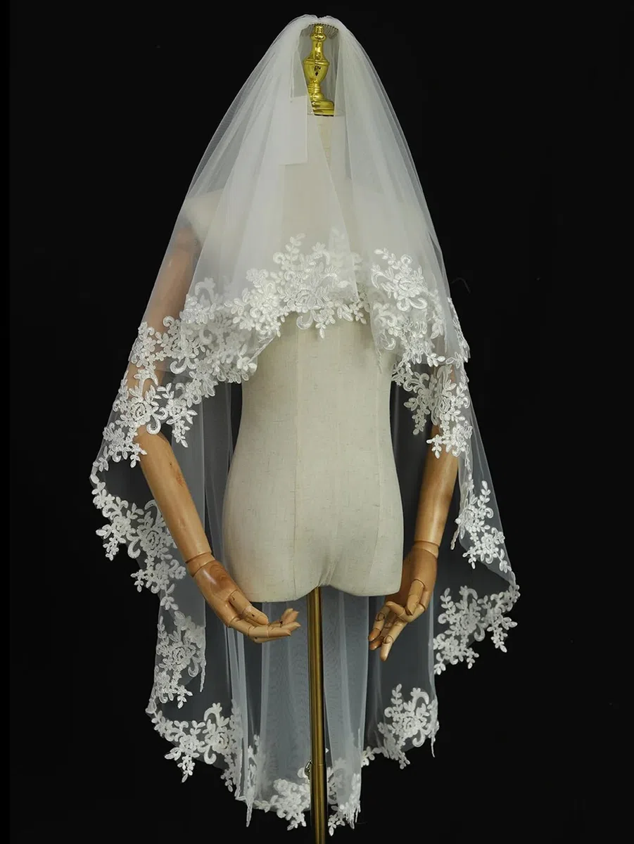 Velo da sposa in pizzo a 2 livelli con pettine in metallo