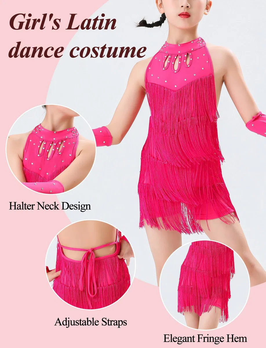 FEOYA Pantaloncini da ballo latino per bambine e ragazze, senza maniche, con paillettes lucide, abbigliamento da ballo per salsa, rumba, samba, jazz, moderno, con guanti, per bambini dai 3 ai 14 anni