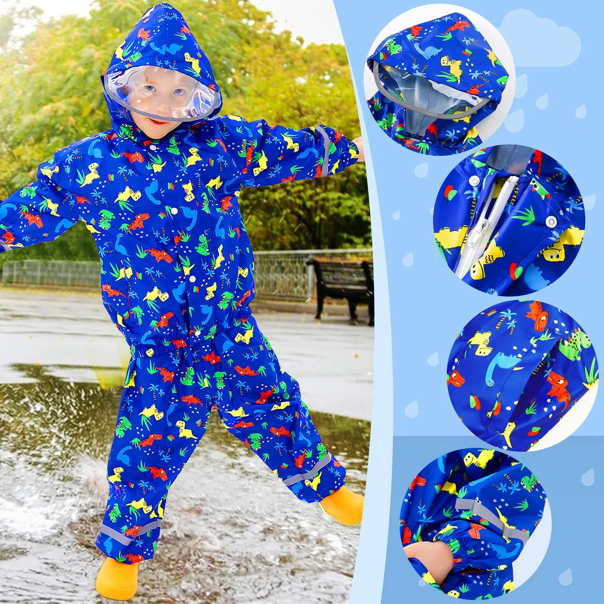 Tuta Impermeabile Bambino Bambina con Cappuccio Leggero Antipioggia Giacca & Pantaloni Impermeabili con Strisce Riflettenti Tuta Pioggia Completo Abbigliamento per Ragazze Ragazzi 1-7 anni