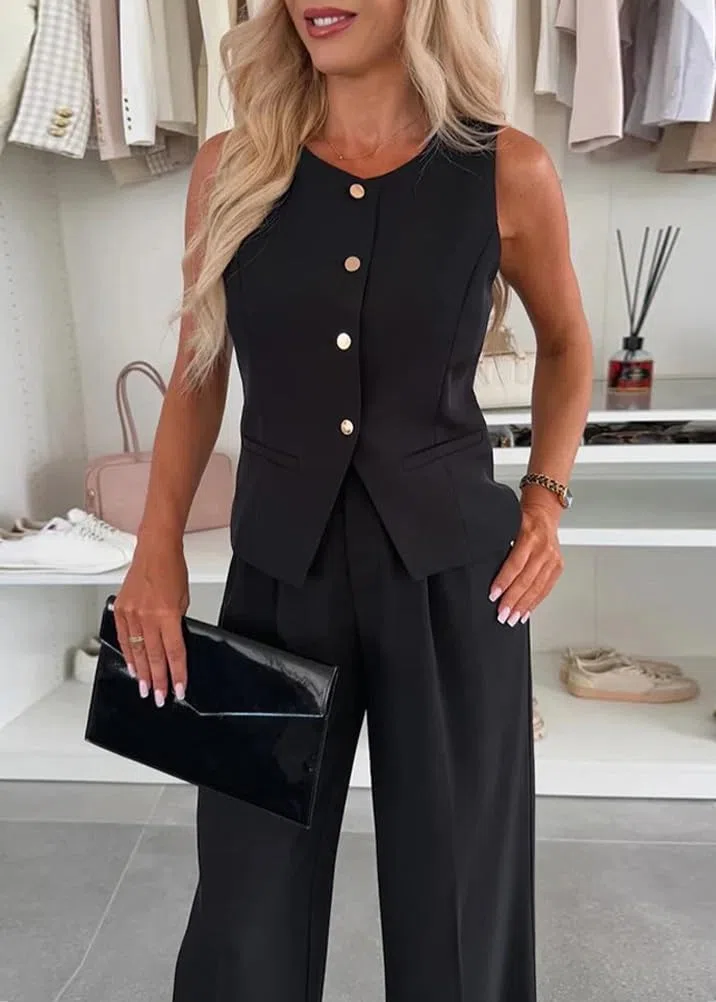 shownicer Tailleur da Donna Eleganti 2 Pezzi Completo Blazer Giacca Senza Maniche + Pantaloni a Gamba Larga Tuta Elegante Cerimonia Coordinato Set