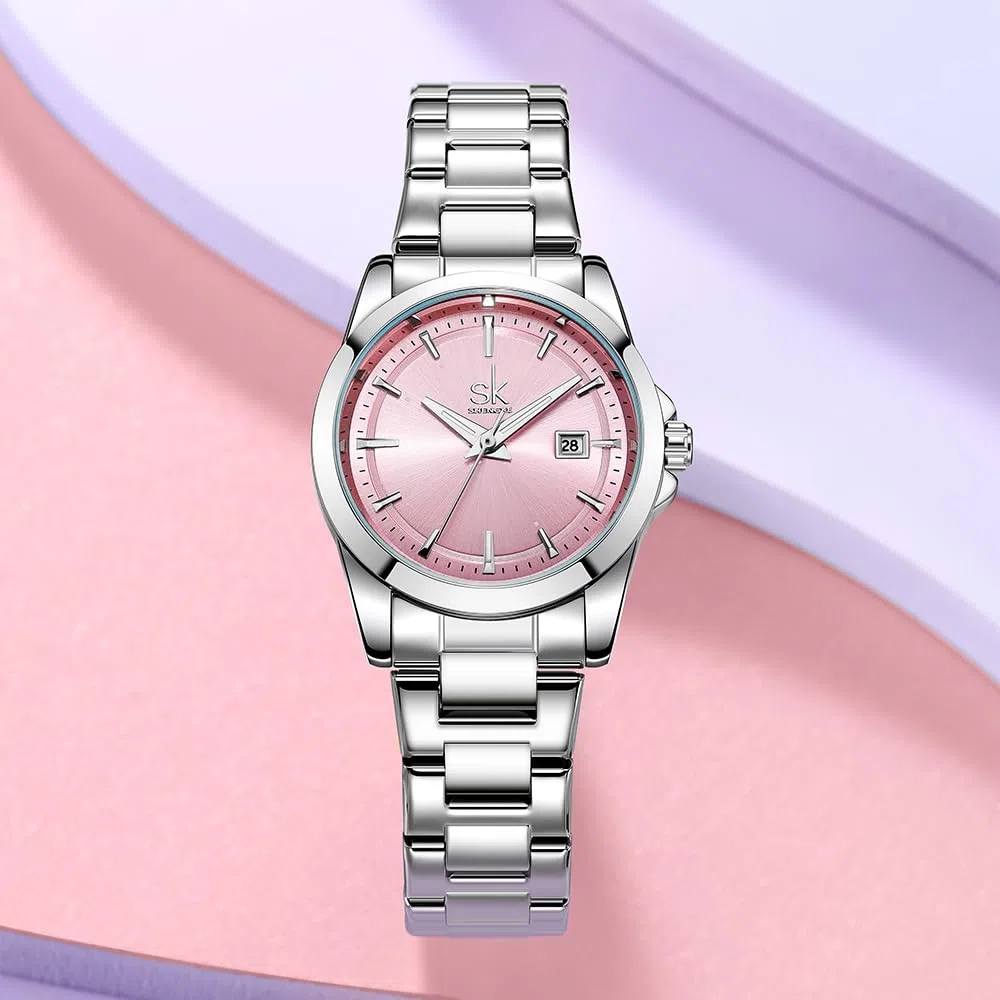 SHENGKE Orologi al quarzo minimalisti da donna con data bracciale in acciaio inossidabile e quadrante colorato alla moda