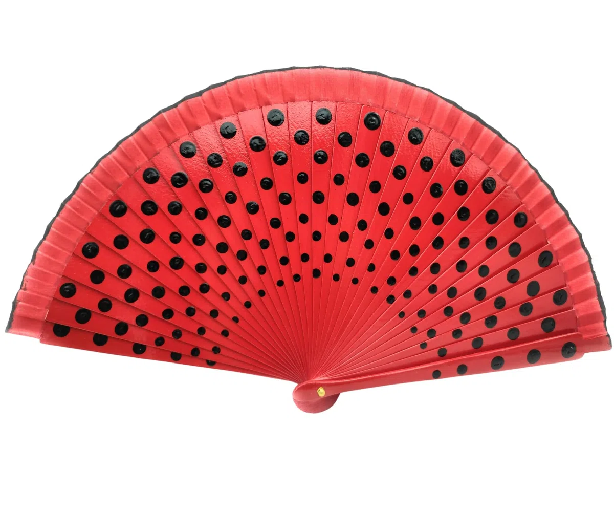 Ventaglio con pois dipinti a mano con fodera artigianale. Include fermaglio per capelli e portachiavi stile flamenco (Rosso LN)