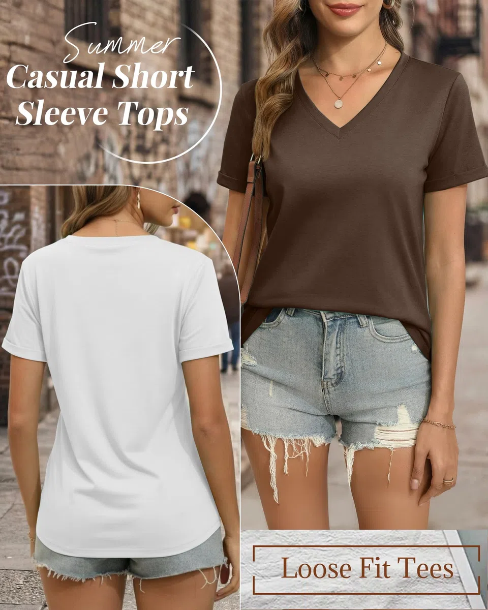 Ficerd - Confezione da 3 Magliette da Donna con Scollo a V, Top Estivi a Maniche Corte, vestibilità Ampia, Maniche Arrotolate