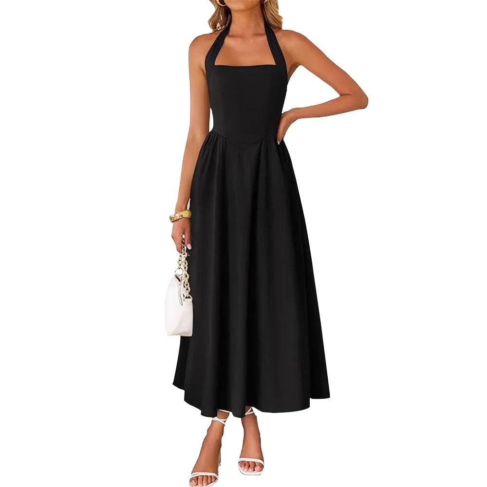 Vestito Donna Senza Maniche Sexy Scollo a Quadrato Maxi Lunga Estivi Orlo a Volant Abito da Festa Cocktail Sera