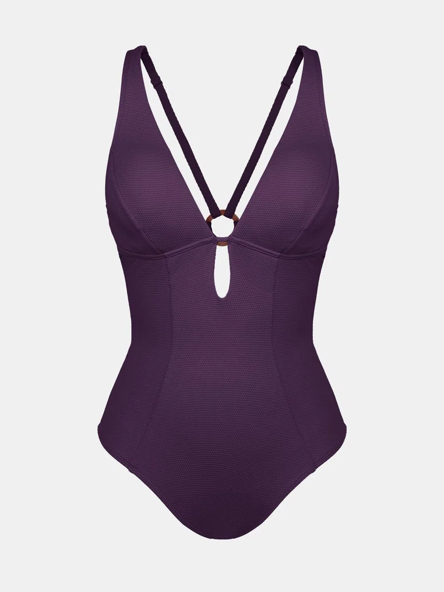 CUPSHE Costume da bagno intero da donna, con scollo a V profondo, oblò e anello, testurizzato