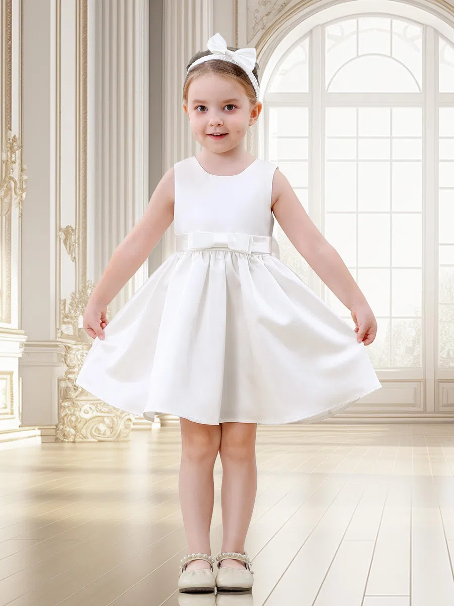 Miipat Abitini per Bambina Raso Abito da Fiorella Matrimonio, Nodo a Fiocco Schiena a V Principessa Formale Vestito Compleanno Abiti Bambine Abito da Battesimo per Ragazze 6 Mesi-4 Anni