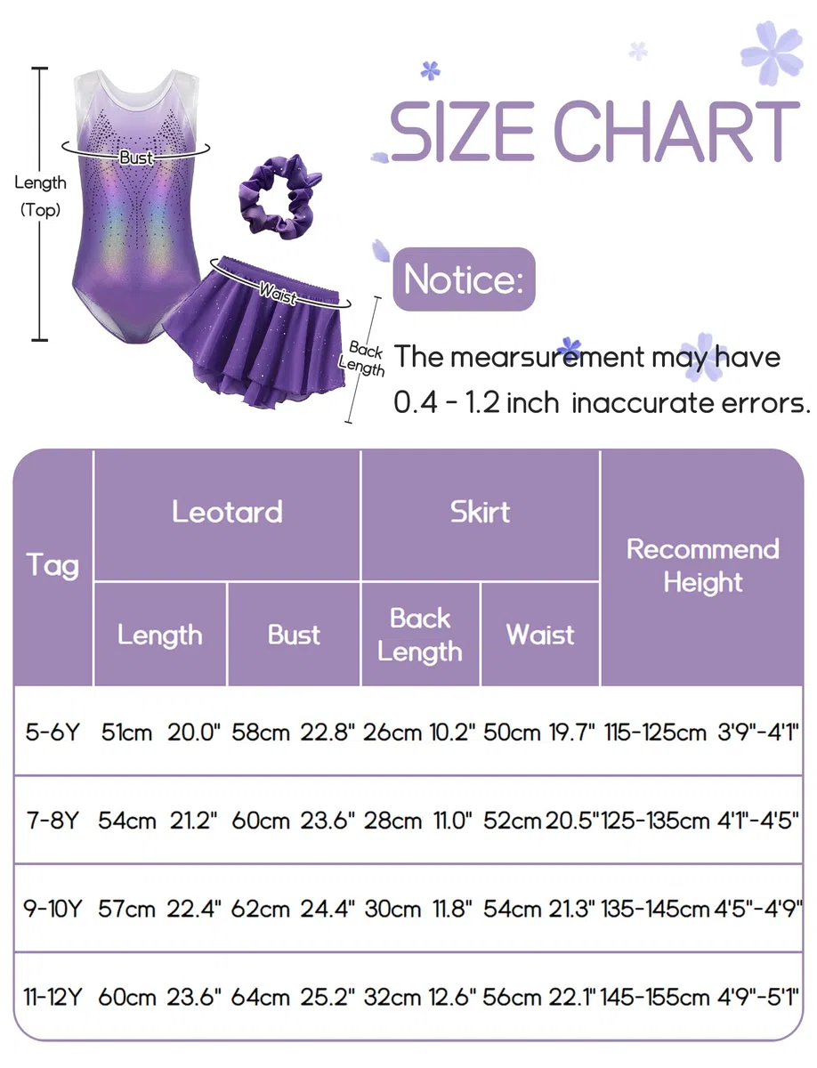 Happy Cherry Body Ginnastica Artistica Bambina Senza Maniche Ragazze Leotards da Danza Classica con Gonna e Fascia per Capelli Costume Balletto Pattinaggio Colori Sfumati 5-12 Anni