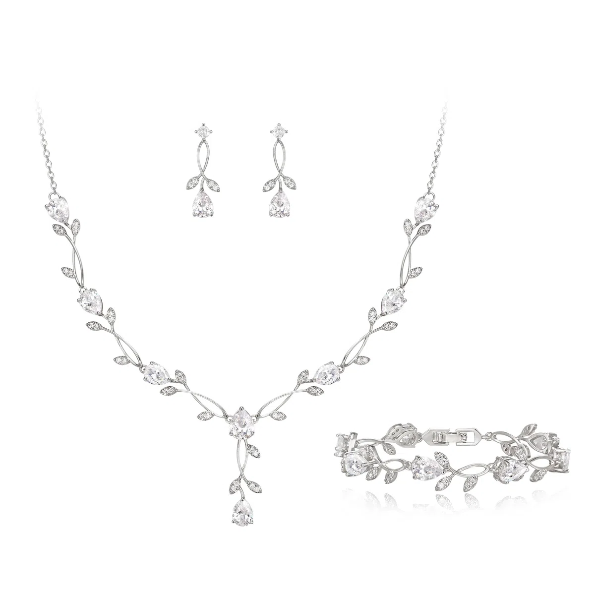 EVER FAITH Set di gioielli da sposa per damigella d'onore Teardrop Cubic Zirconia foglia di vite sposa prom collana orecchini pendenti set bracciale donna