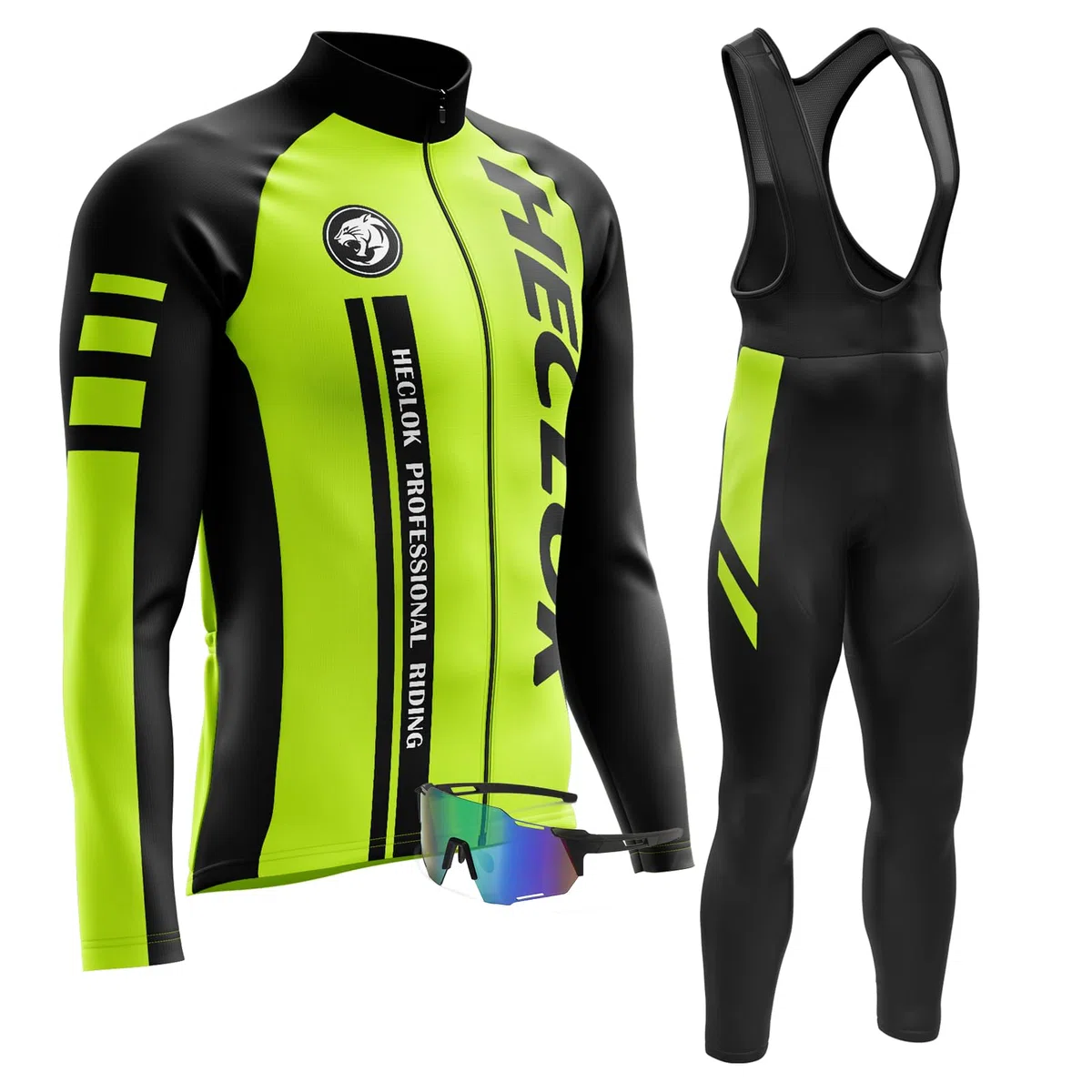 Uomo Ciclismo Autunnale Complet Abbigliamento Ciclismo Set Manica Lunghi Tuta Ciclismo＋Pantaloni Ciclismo con 9D Imbottitura in Gel＋Occhiali Antivento da Ciclismo