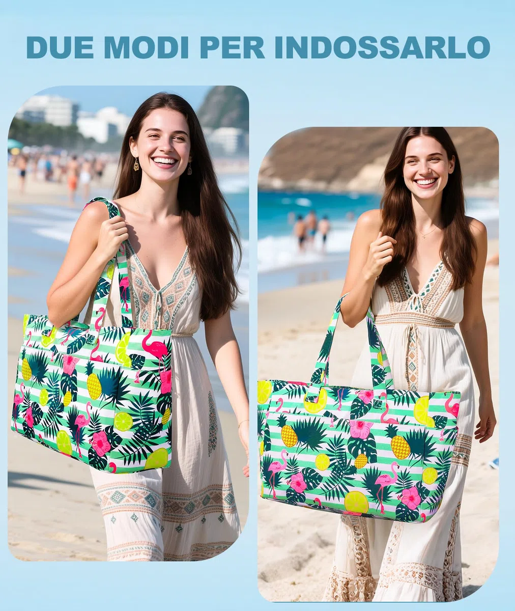 ISEYOU Borsa Mare Grande XXL Famiglia, Borsa Spiaggia con Chiusura Zip e Impermeabile, Leggera e Pieghevole, Multitasche ad Ampia Capacità Borsello Tracolla Donna per Shopping, Viaggio, Campeggio
