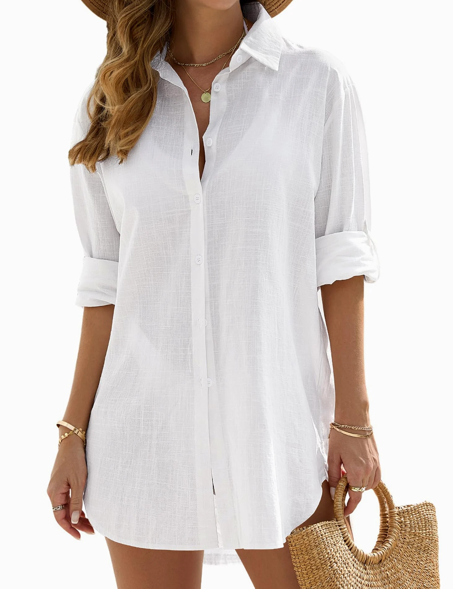 Vancavoo Copricostume Donna Mare Camicia Lunga Estiva Cotone Camicetta Scollo a V Copri Costume da Spiaggia Sciolti Casual Bikini Cover Up