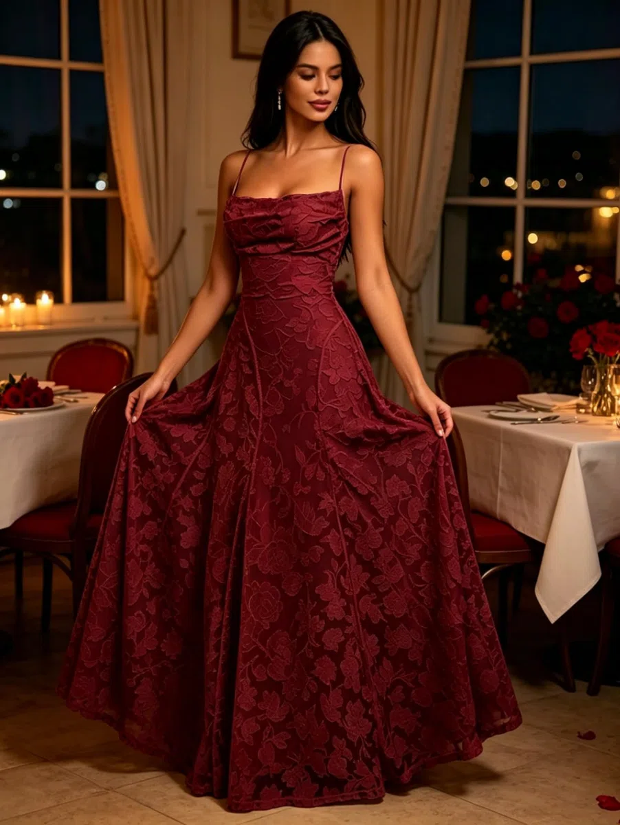 Generico Vestito da Dama d'Onore in Pizzo Jacquard Floreale, Abito Lungo Senza Maniche con Schiena Scoperta e Lacci per Matrimonio e Ballo