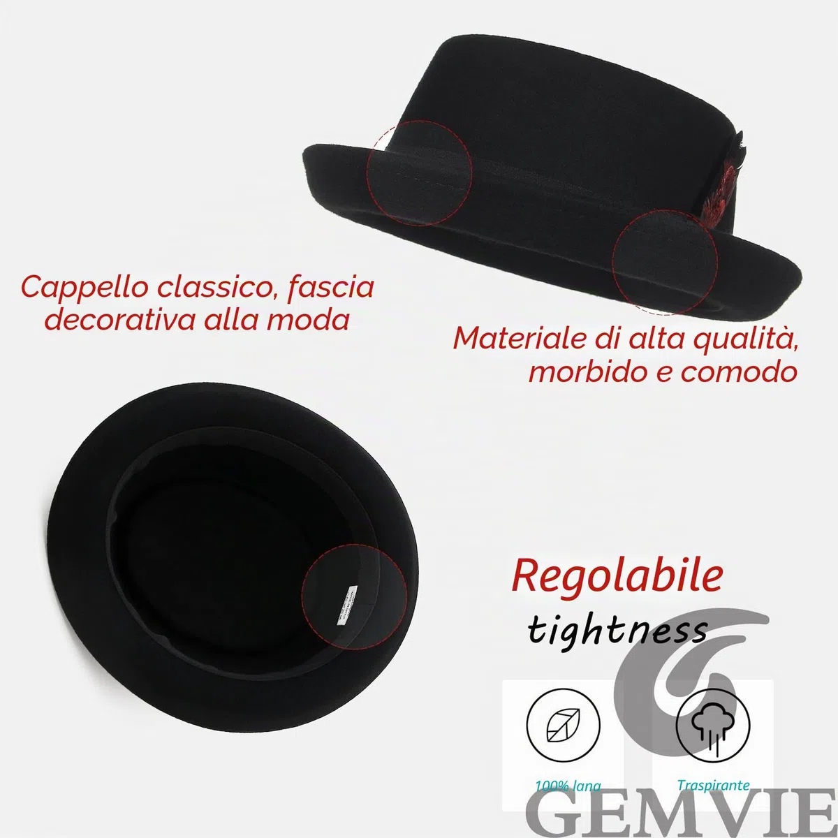 GEMVIE Pork Pie Cappello per Uomo Donna 100% Feltro di Lana Fedora Trilby Cappello Nero Adulto Unisex Porkpie Cappelli