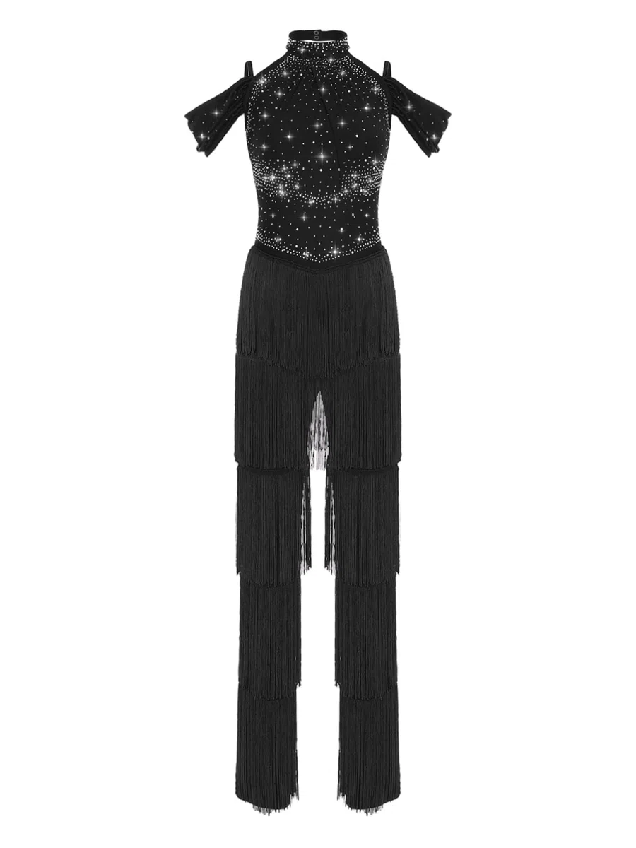 Freebily Tuta Intera da Ballo Latino Americano Tango Donna con Nappe Strass Body Ginnastica Ritmica Body Danza Classica Moderna Samba Salsa Jumpsuit da Pattinaggio
