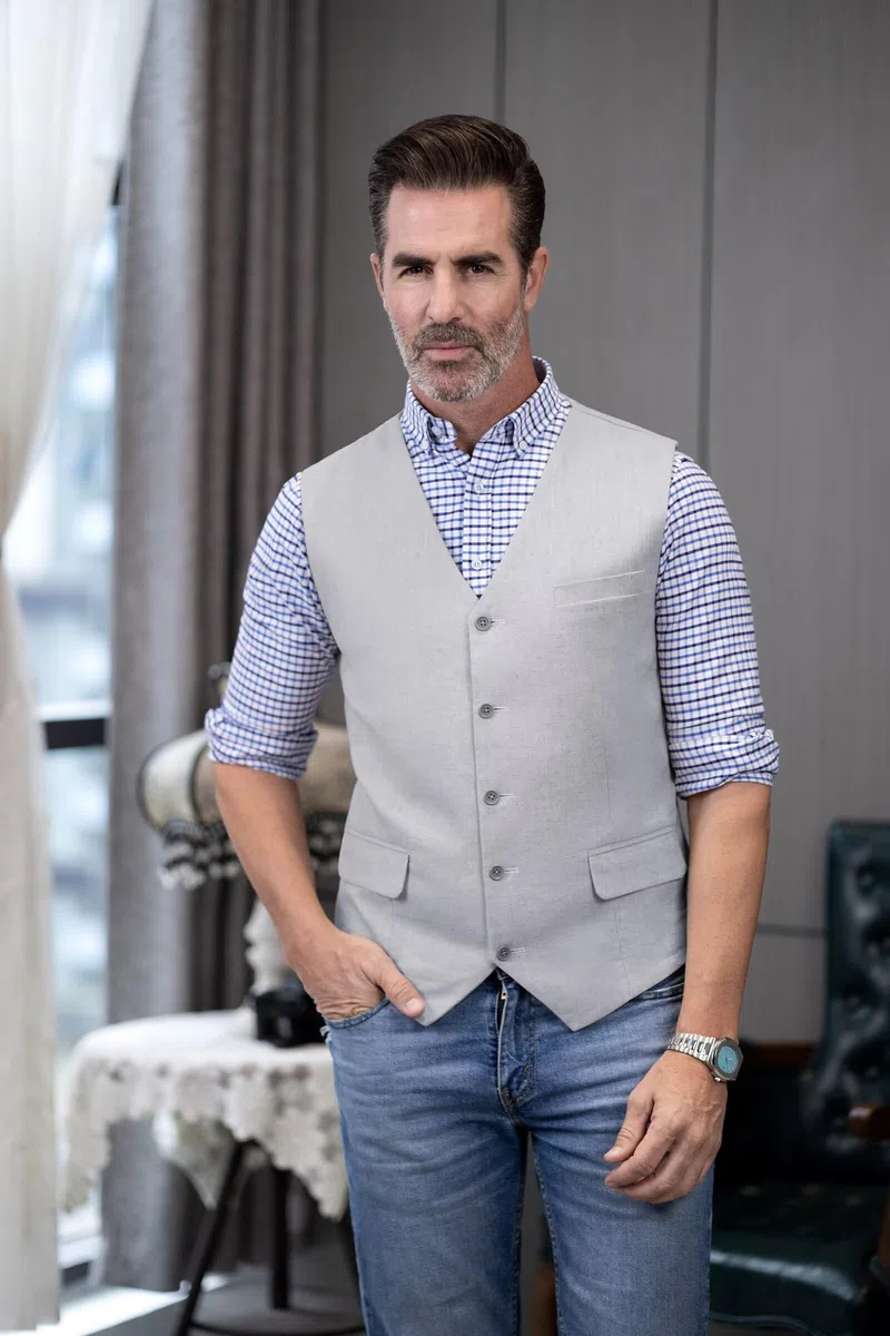 Solovedress Gilet da uomo, elegante, da uomo, estivo, in lino, per matrimoni e feste
