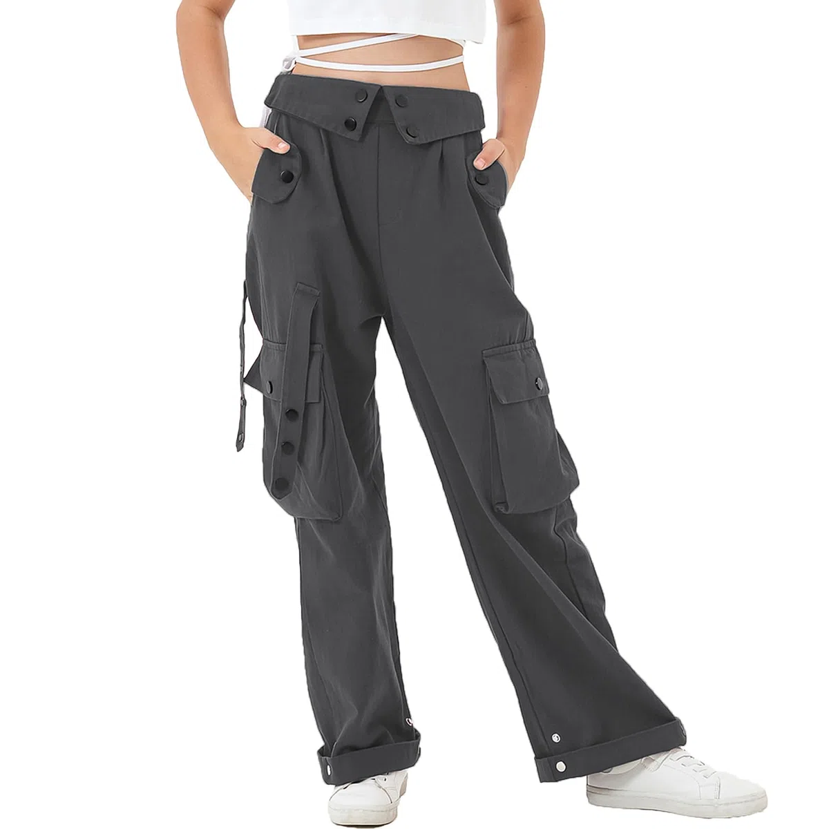 Rolanko Ragazze Pantaloni Cargo, Vita Alta Elastica con Tasche Multiple e Pantaloni a Gamba Larga per Bambini