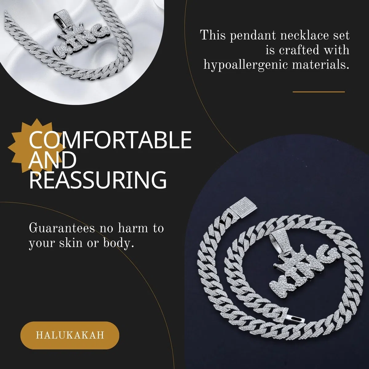 HALUKAKAH Collana con Ciondolo Diamante per Ragazzi,Placcato Oro 18k/Platino,Diamanti di Laboratorio Incastonati,Pendente Lettere 3D Bubble e 15MM Catena Cuban Link 40cm/45cm,Regalo per Figlio,Nipote