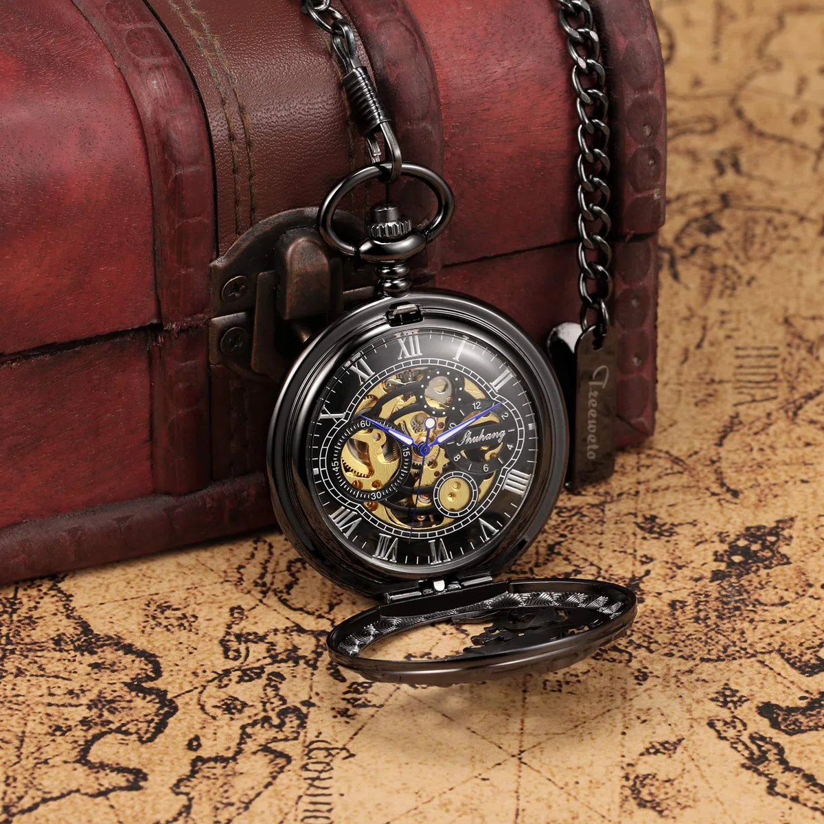 TREEWETO Orologio da tasca meccanico da uomo, con scheletro, drago e scheletro, con doppia apertura, argento/bronzo/nero, custodia da uomo