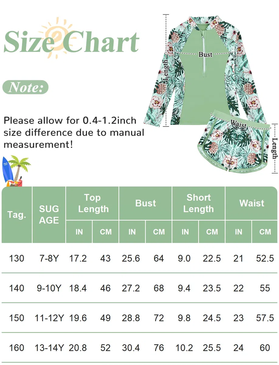 SEAUR Rashguard - Costume da bagno da bambina, 1/2 zip, 2 pezzi, protezione solare, costume da bagno per bambini, a maniche lunghe, 130-160