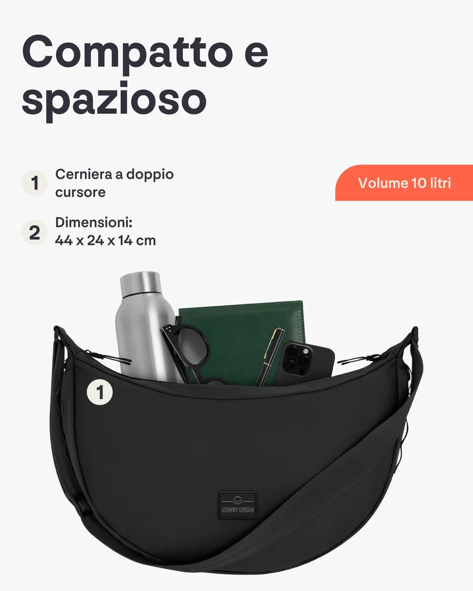 Johnny Urban Borsa a Tracolla Donna e Uomo Nero - Ally Large - Borsa Mezzaluna Grande - Crossbody Moon Bag - Marsupio Rotonda con Tracolla Regolabile - Idrorepellente
