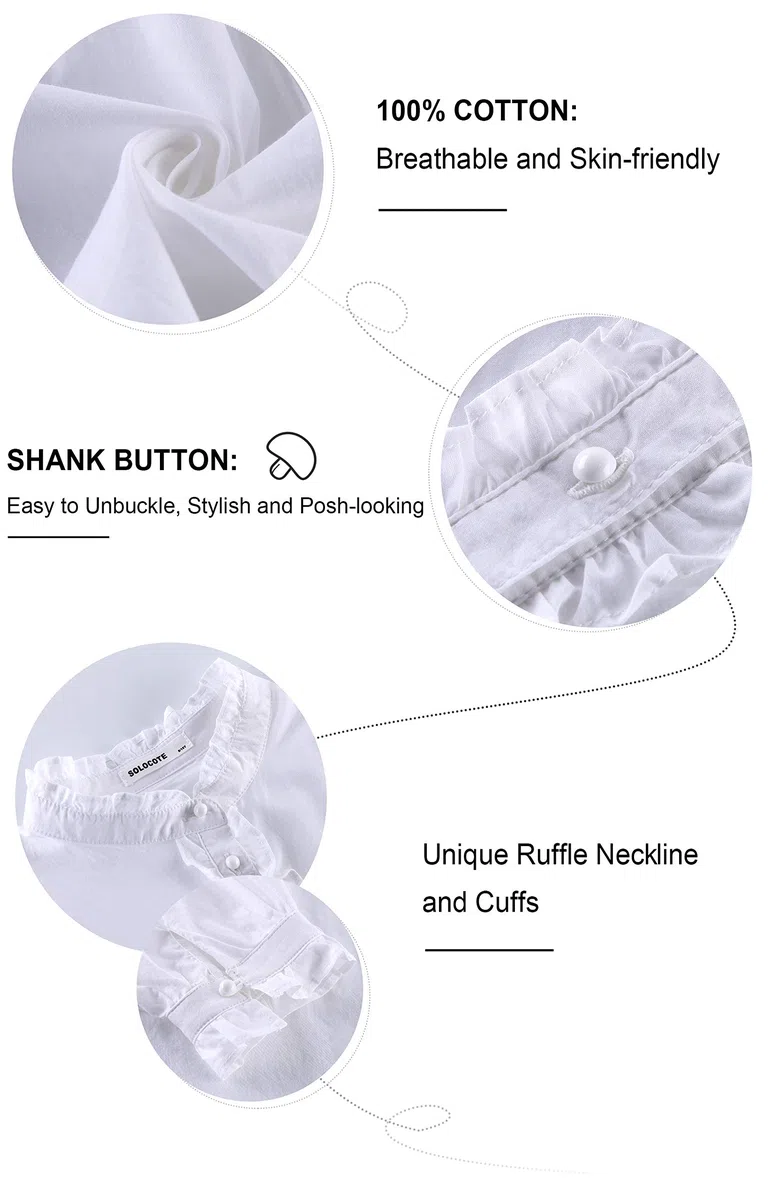 SOLOCOTE Camicetta Bianca per Ragazze, Camicie a Manica Lunga con Balze, Bottoni, Cotone Principessa, Top Morbidi e Larghi per Primavera ed Estate