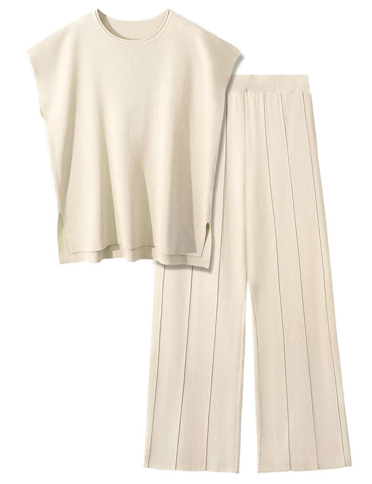 Tuta Donna Completo Estiva Elegante 2 Pezzi Completo in Maglia Casual Maniche Senza Girocollo Pullover Top Elastico in Vita Pantaloni a Gamba Larga Set Per Casa