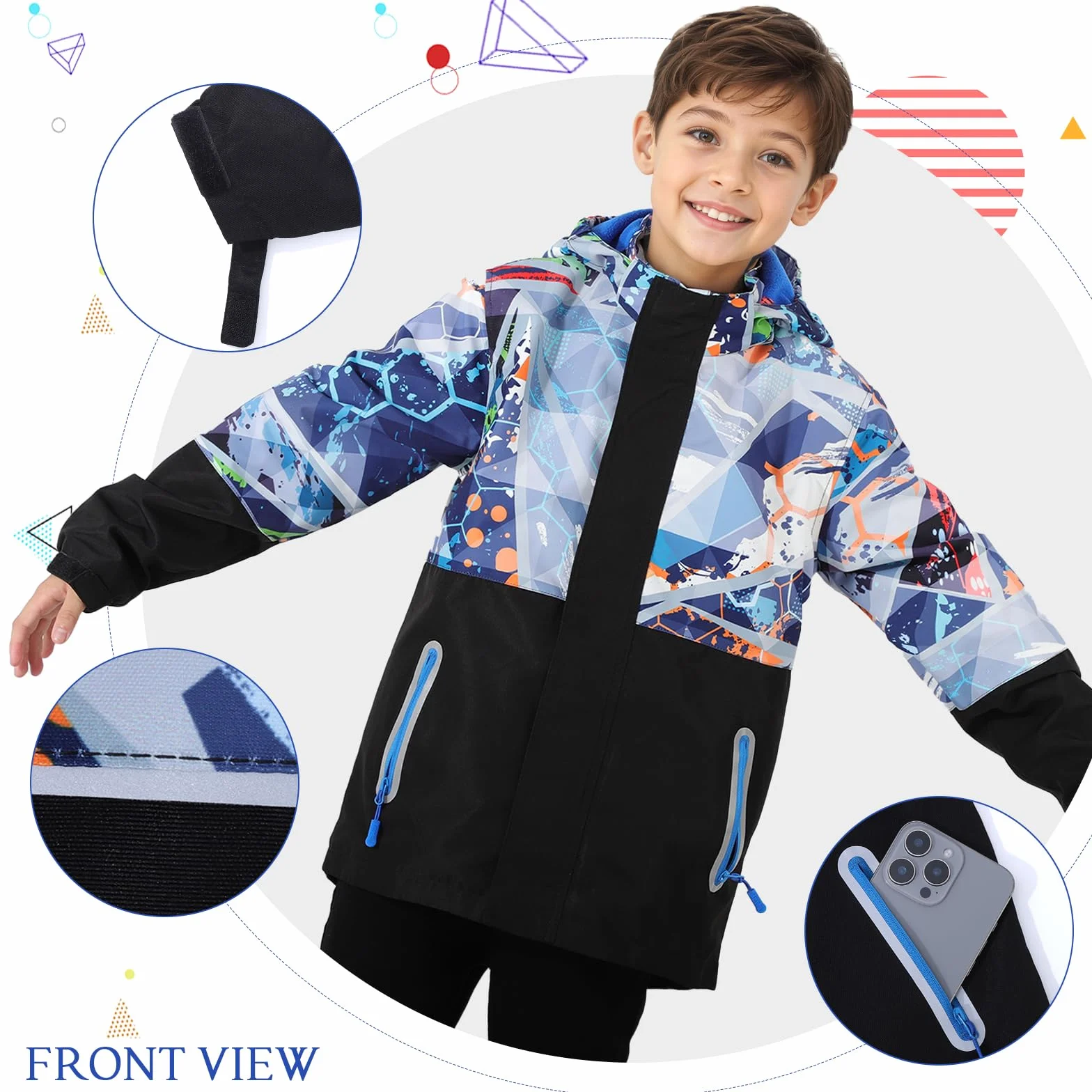 BWBIKE Giacca Impermeabile con Cappuccio per Bambini, Foderata in Pile, Antivento, Leggera, Ideale per Primavera/Autunno/Inverno, Giacca a Vento per Ragazzi a Blocchi di Colore