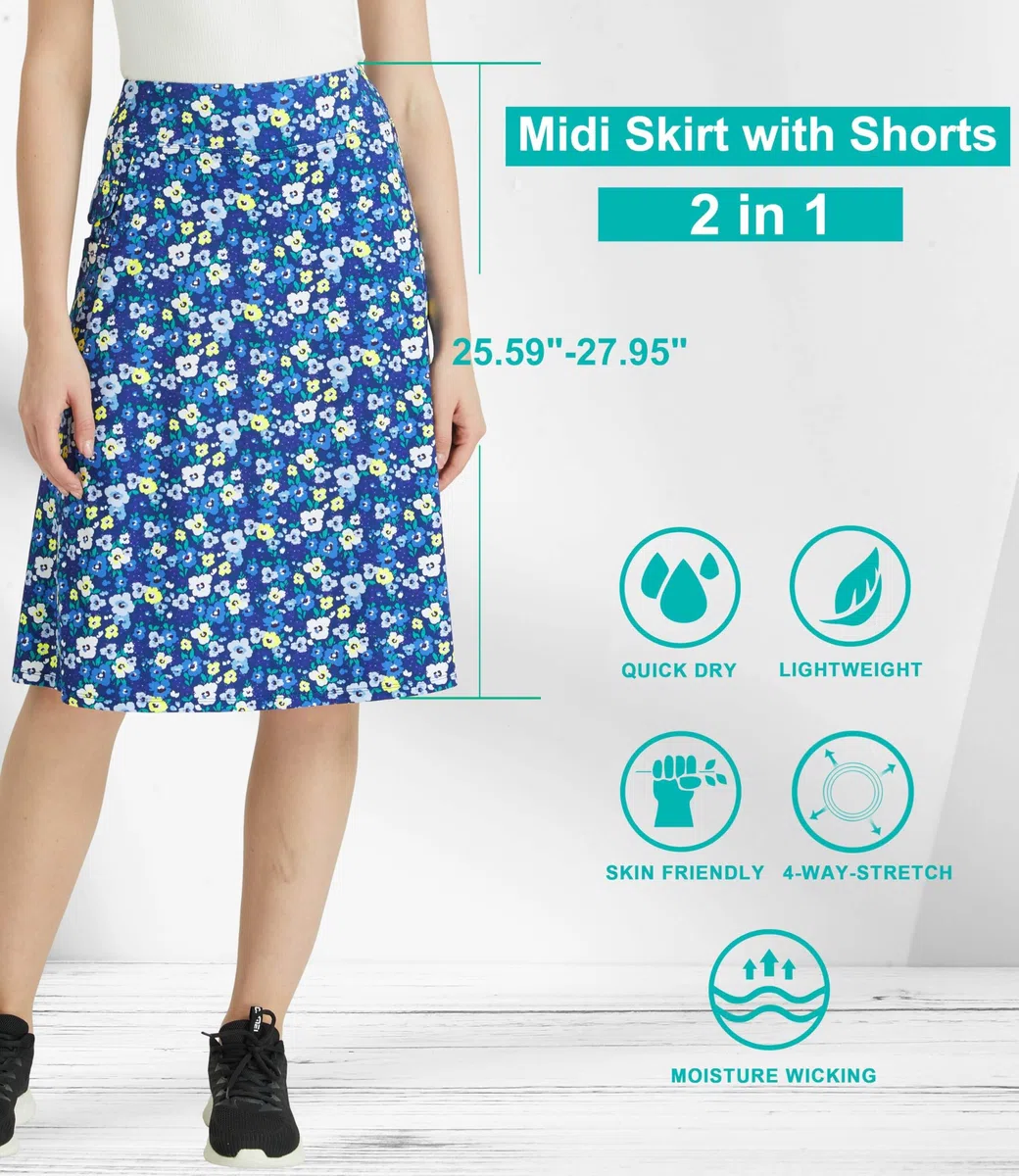 Midi Gonna Pantalone Donna de Tennis Golf Sportivi Gonna al Ginocchio da Corsa con Pantaloni Interni e Tasche Modesta Lunga Skort 2 in 1(Fiori Blu,XXL)