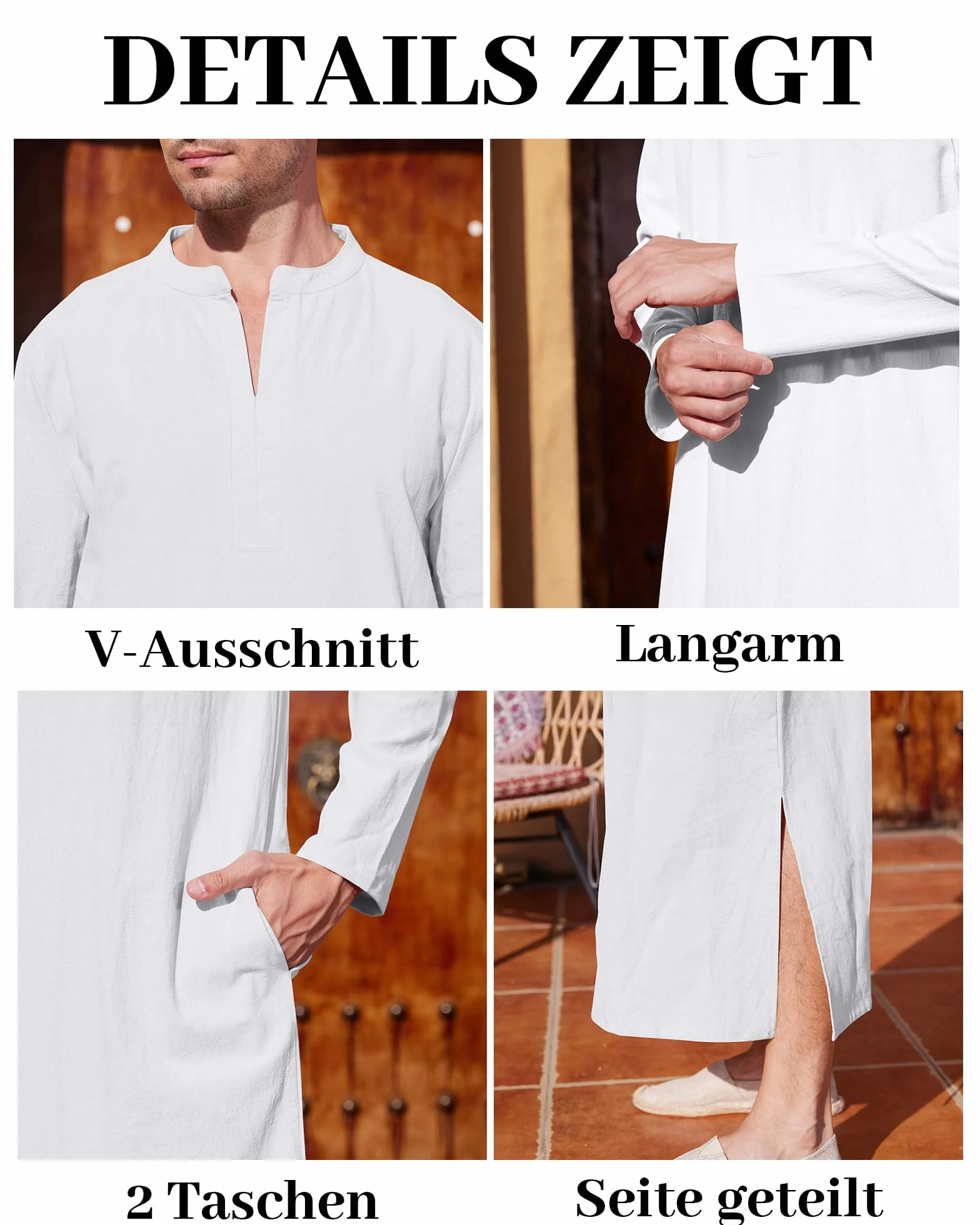 LVCBL Caftano da uomo, a maniche lunghe, caftano, da uomo, con tasche, vestibilità universale, M-3XL
