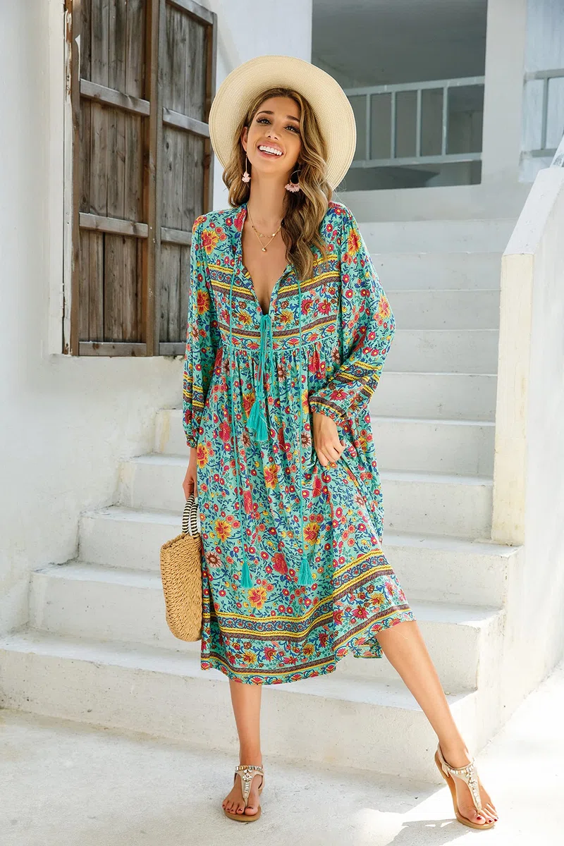 R.Vivimos Donne Eleganti Casual Bohemian Print Neck Tie Maniche Lunghe Abito da Spiaggia Lungo Midi Vestito Vacanze