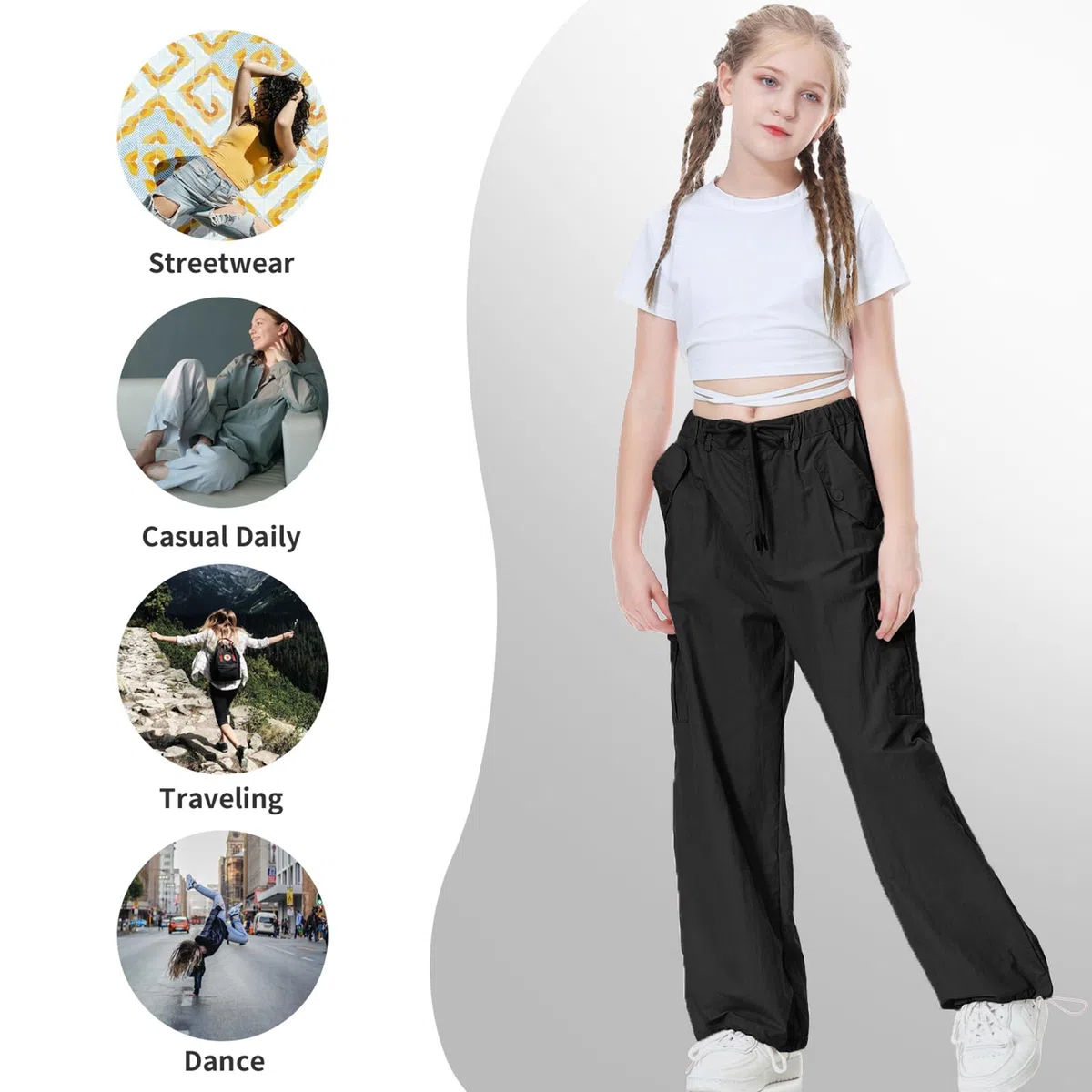 Rolanko Ragazze Pantaloni Larghi da Paracadutista, Joggers Vintage Y2K con Elastico in Vita Regolabile per Bambini