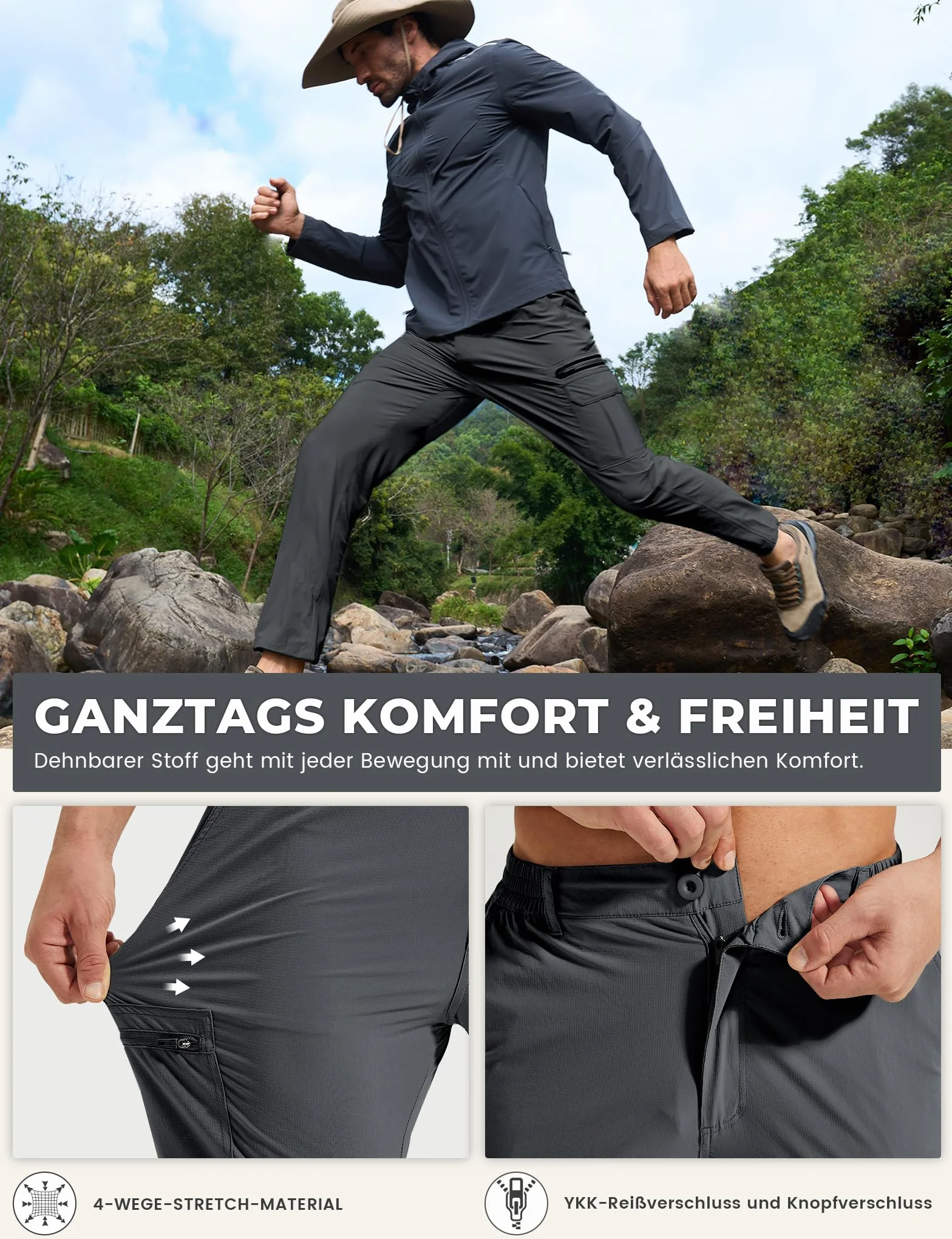 MOURCE Pantaloni da trekking da uomo, leggeri, ad asciugatura rapida, impermeabili, con 7 tasche, per campeggio, pesca, attività all'aperto