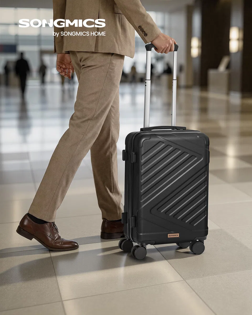 SONGMICS Valigia Rigida, Trolley da Viaggio, Chiusura TSA, Cinghia Inclusa, Bagaglio in ABS con 4 Ruote Doppie, Valigia Bagaglio a Mano da Cabina, M, 55 x 36 x 20 cm, Nero Inchiostro RLP001B101