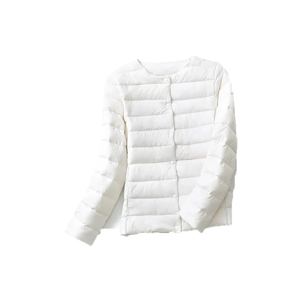 Piumino da donna ultra leggero tinta unita girocollo parka cappotto con bottoni sul davanti