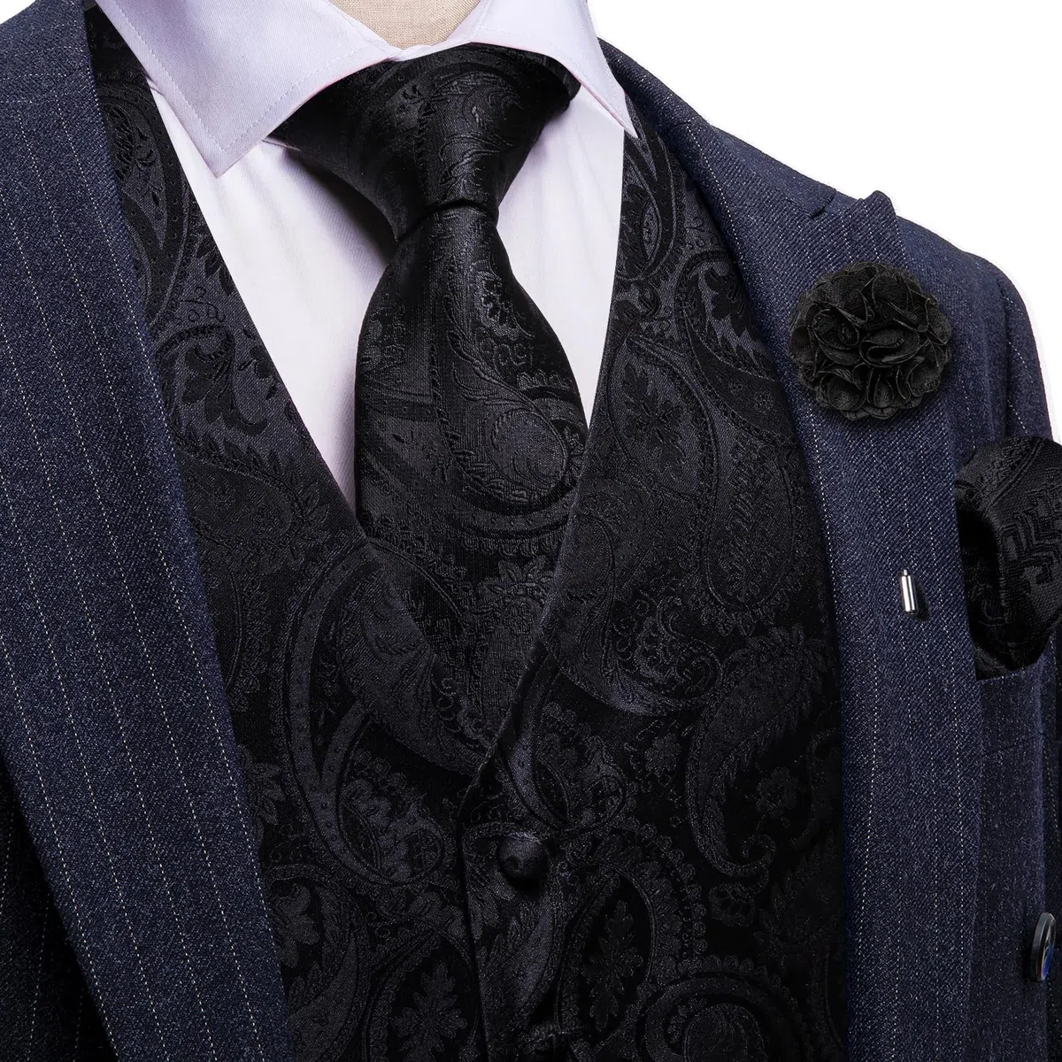 Barry.Wang Gilet da uomo con motivo cachemire formale, cravatta, papillon, clip jacquard, gemelli da bavero, spilla da matrimonio, 8 pezzi