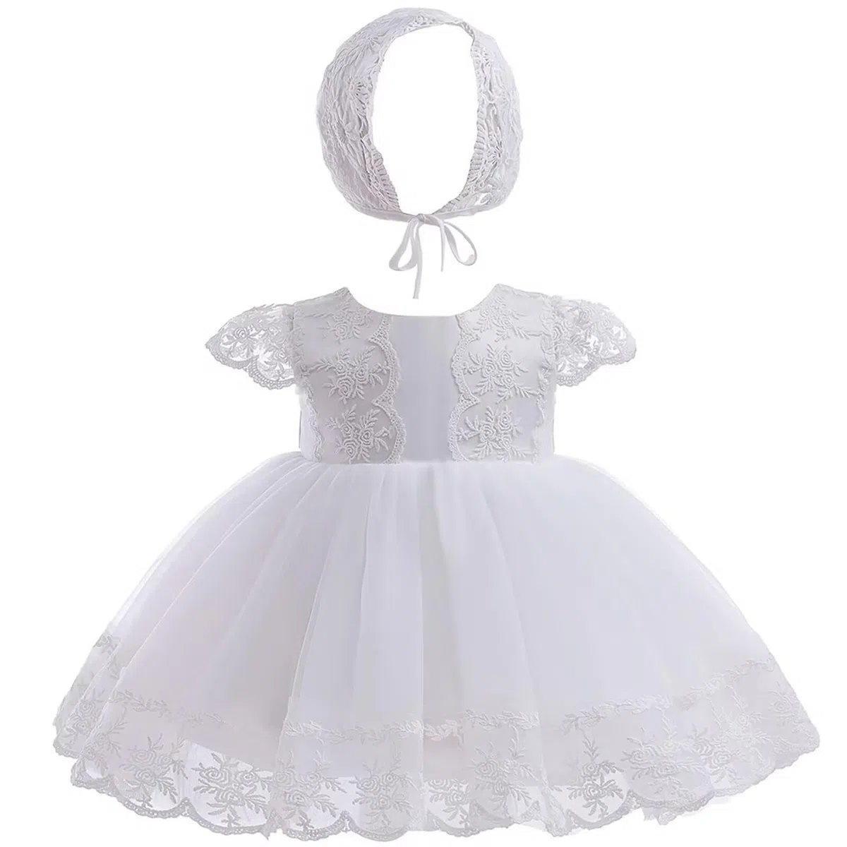 Bambine Abito da Battesimo Bianco con Cappellino Abito da Battesimo Neonato Abito in Pizzo per Matrimonio Compleanno