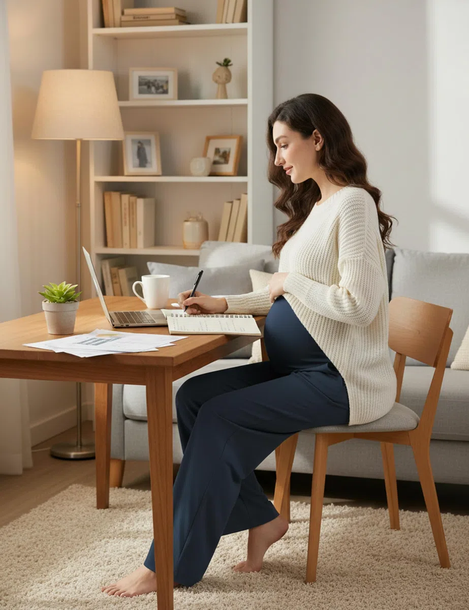 Pantaloni premaman da donna a gamba larga, a vita alta, elasticizzati, per ufficio, lavoro, lounge con tasche