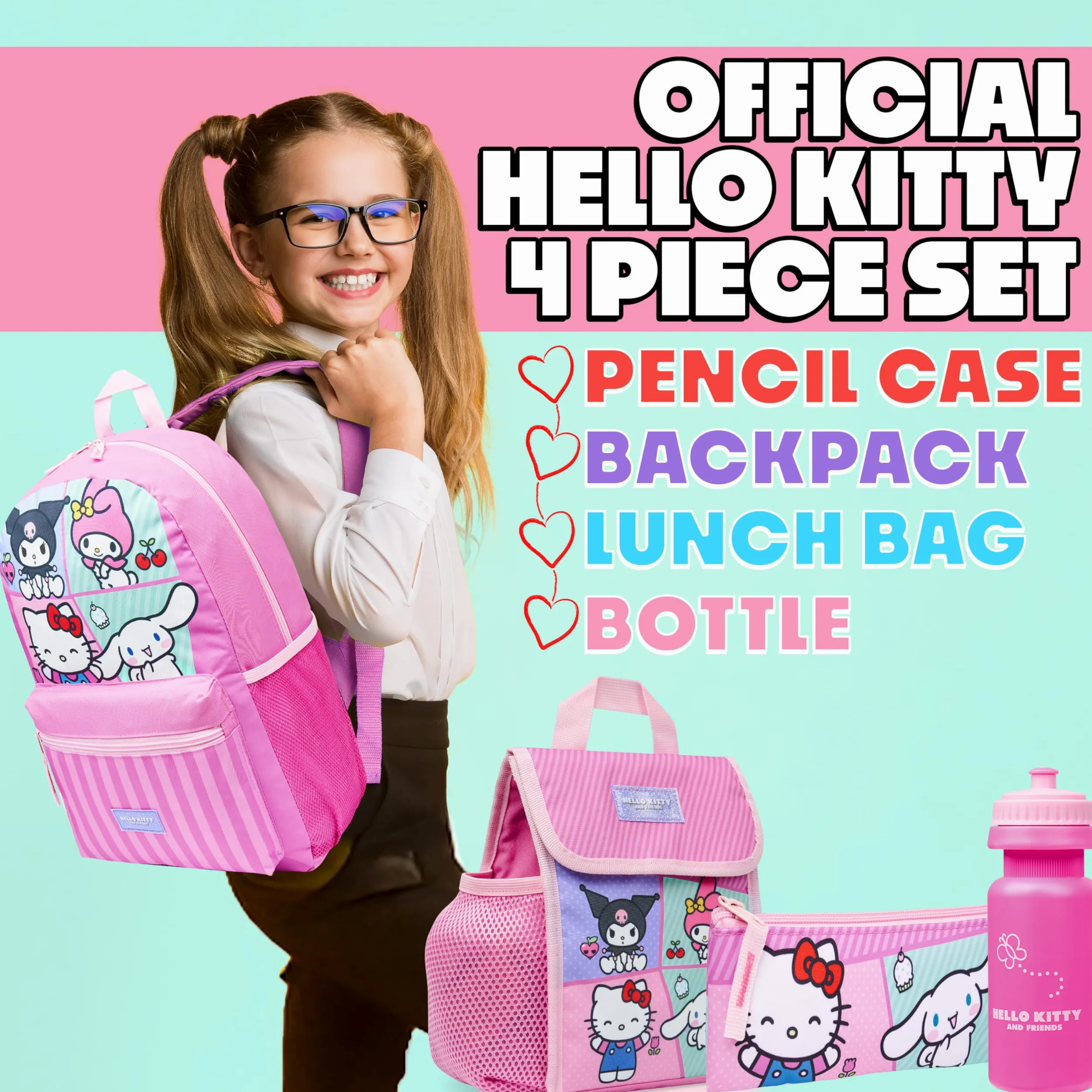 Hello Kitty Sanrio Zainetto Bambina 4 Pz Set Borraccia Astuccio Isolata Borsa Portapranzo Kawaii Anime Accessori Scuola
