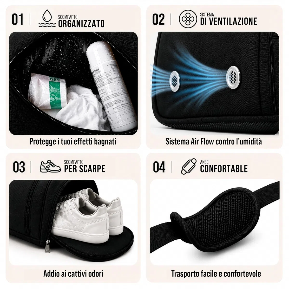Borsone Palestra Uomo & Donna - Borsone da Viaggio con Porta Scarpe e Tasca Umida - Borsa Palestra Donna per Sport, Fitness, Piscina (Nero, 30 l)