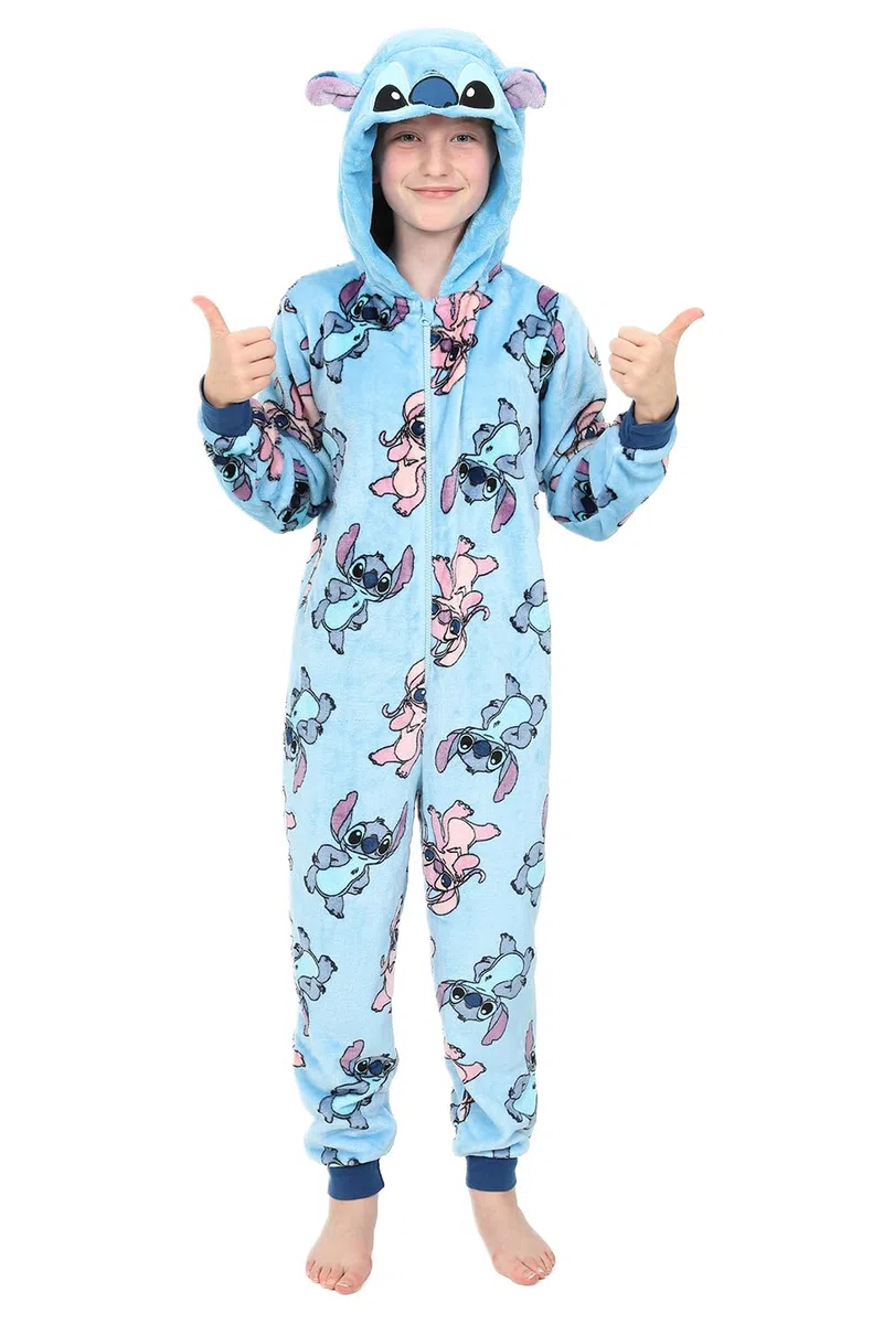 Disney Tutina da bambina in pile blu con motivo Lilo e Stitch Stitch & Angel, tutto in uno