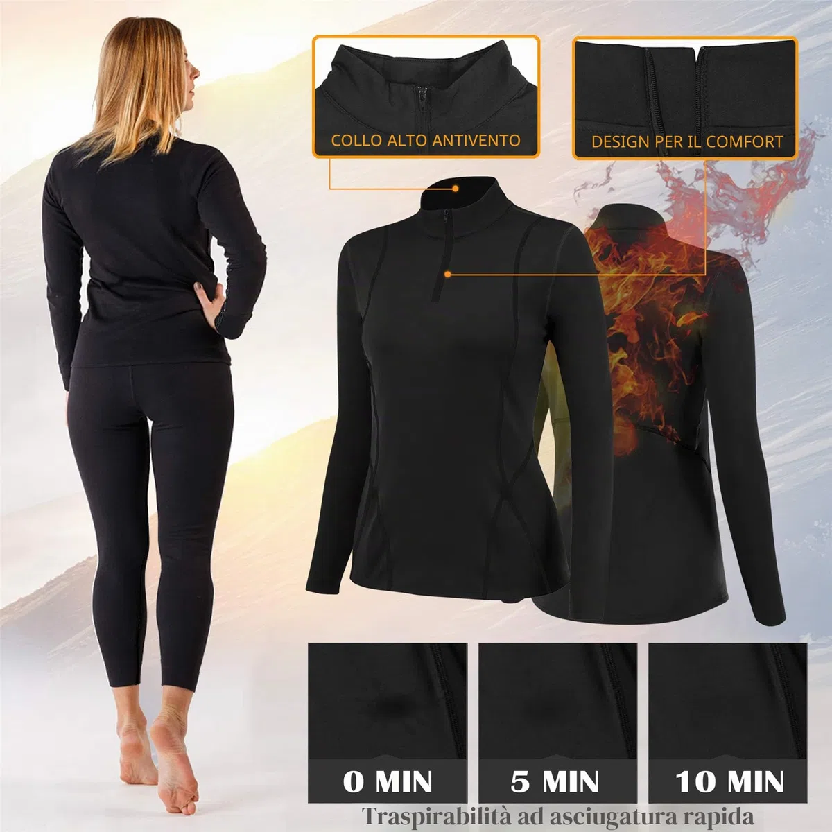 TBoonor Intimo Termico Donna Imbottito con Collo Alto, Tuta da Sci Set Pantaloni e Maglia Termica Asciugatura Rapida Maglie Termico Donna per Sci Corsa Palestra