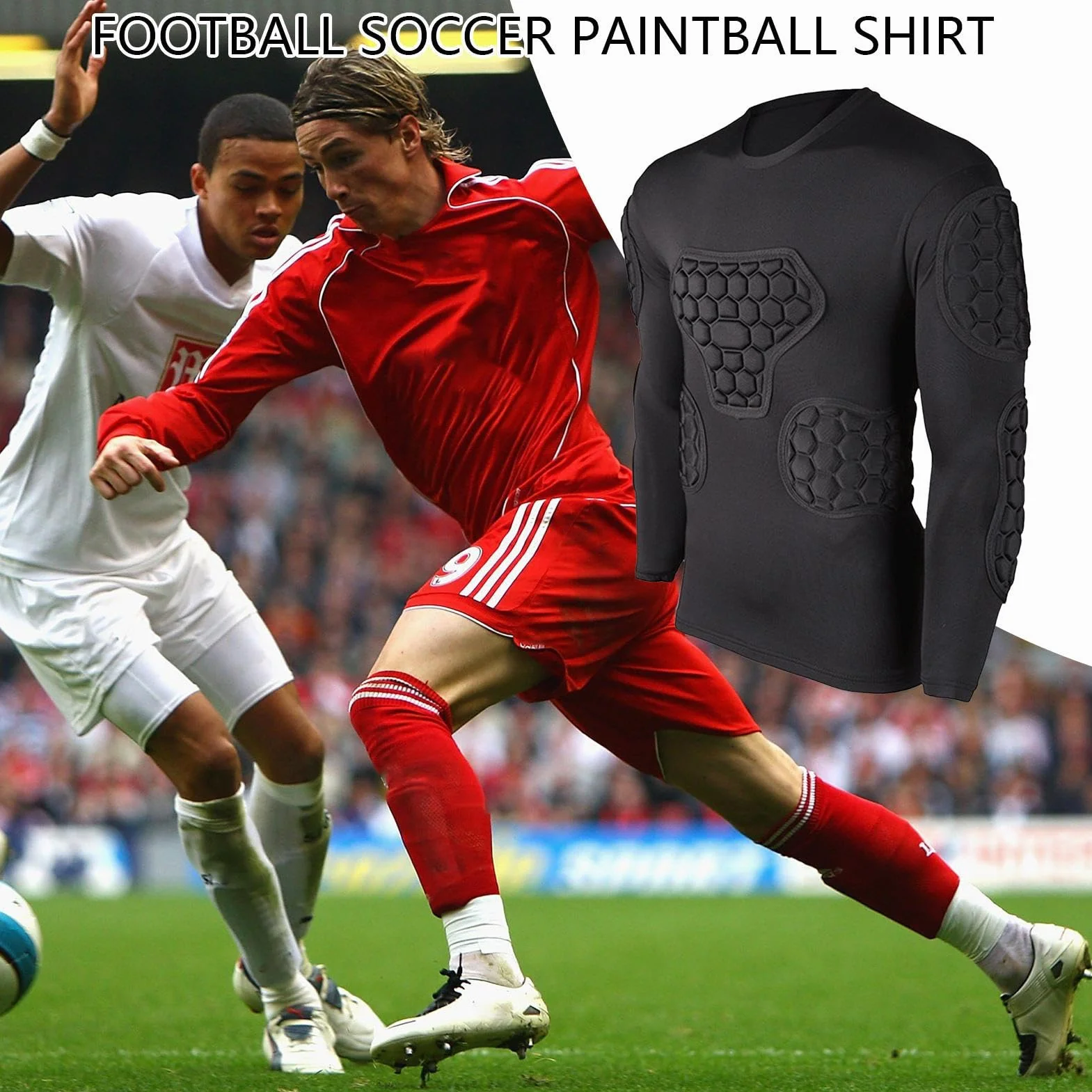 Teksome Maglia a compressione imbottita da calcio, maglia da portiere, nera, a maniche lunghe, per calcio, basket, paintball, rugby, parkour, calcio