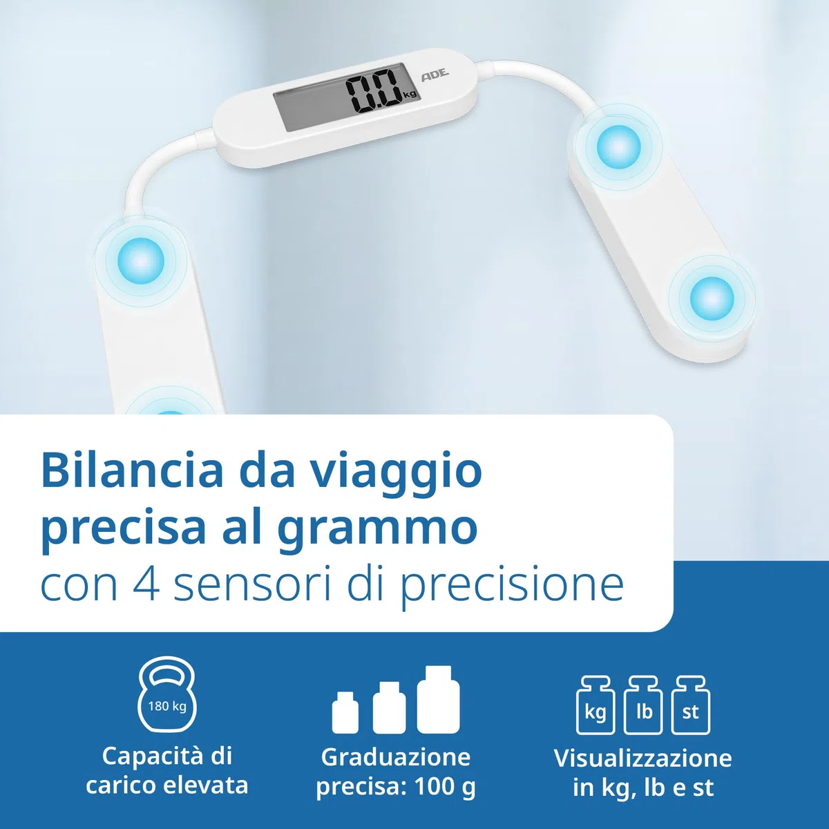 ADE Bilancia da viaggio pieghevole | Bilancia pesapersone digitale con portata di 180 kg in incrementi di 100 g | Bilancia corpo precisa con display LCD