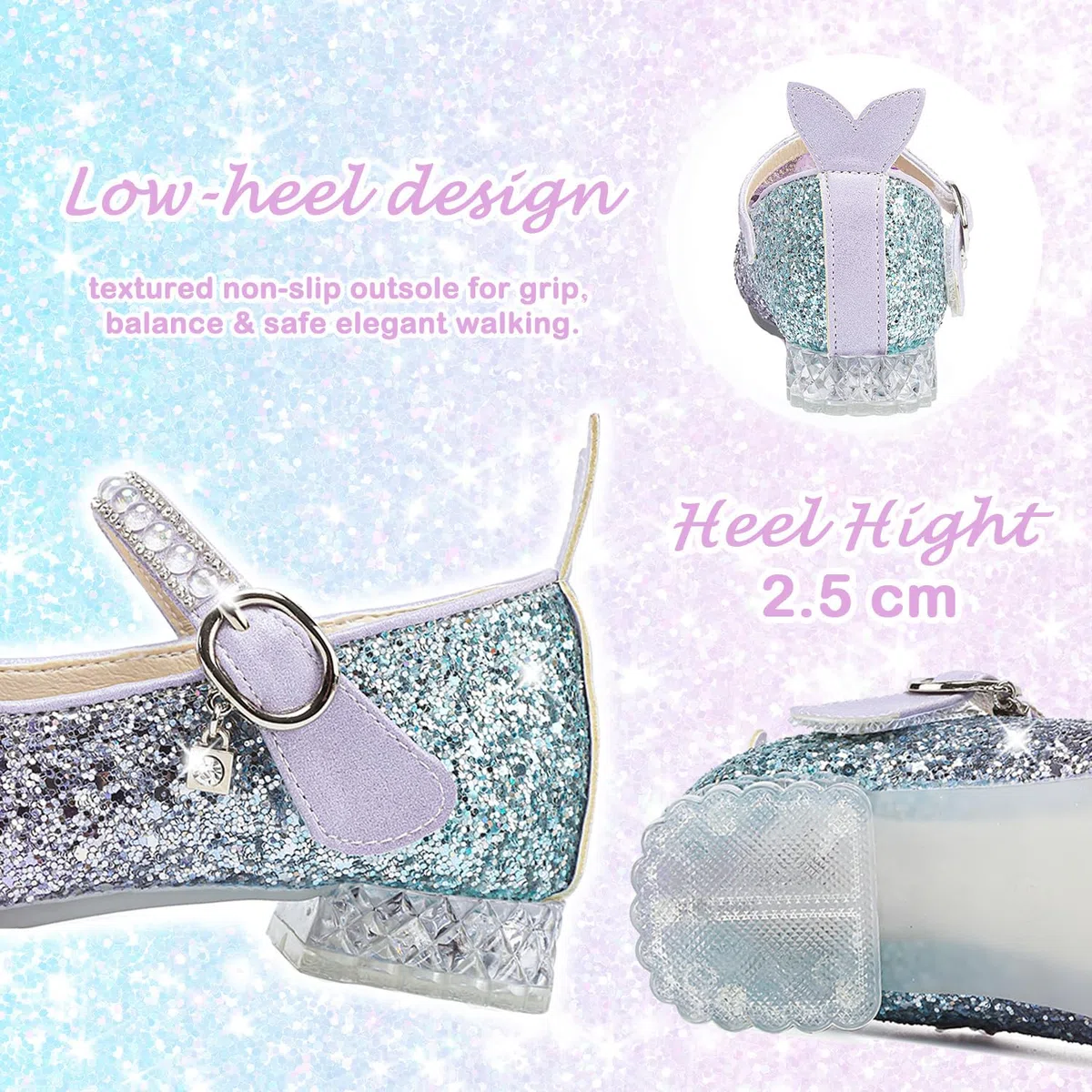Mary Jane - Scarpe da principessa glitterate, con tacco basso, per feste, matrimoni, compleanni, balli studenteschi, cosplay, ballerine per bambini