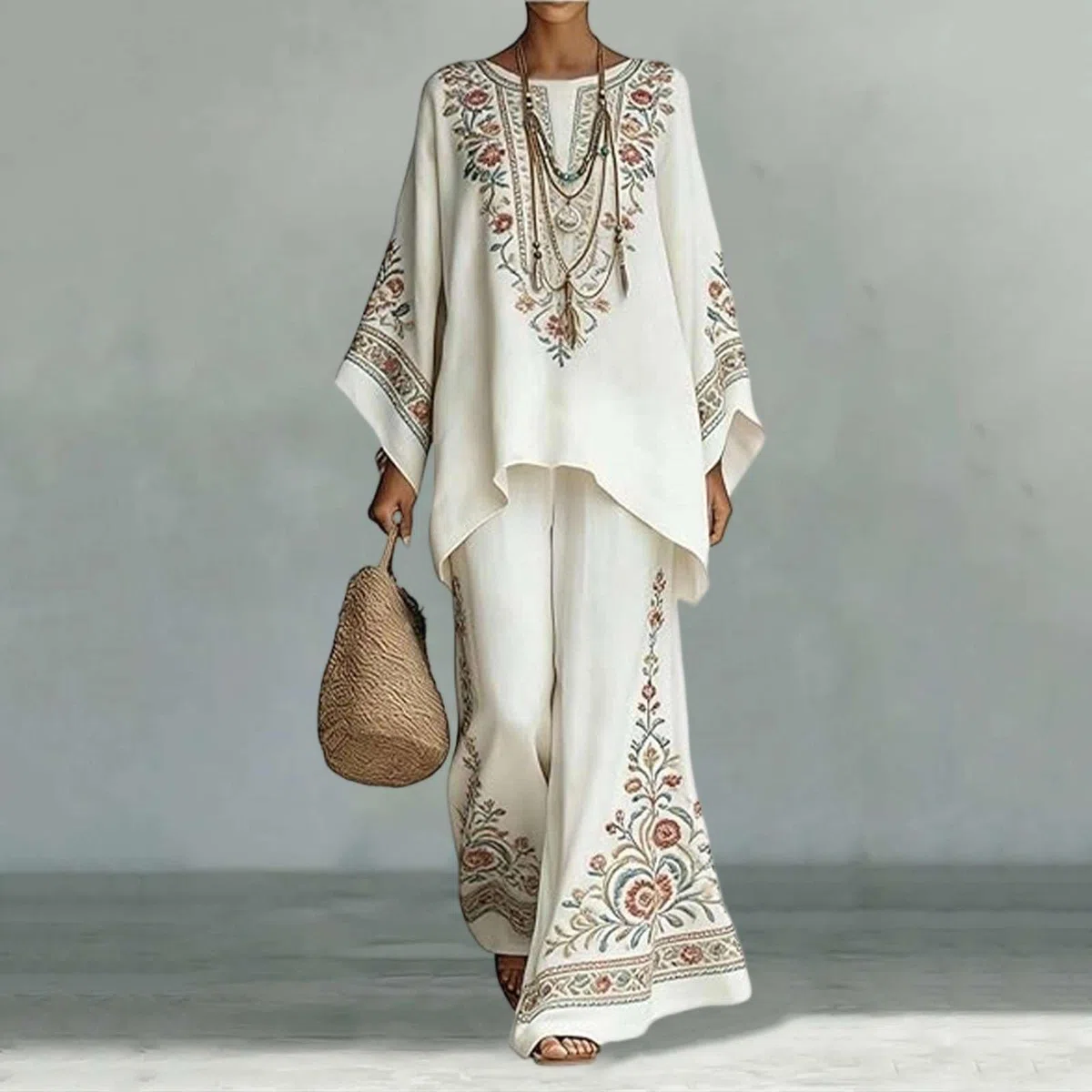 2 Pezzi Tuta Donna Complete Elegante Lino Estivo Boho Chic Top Kaftano Vintage e Pantaloni Gamba Larga Tute Curvy Completo Cerimonia Leggero Taglie Forti Spiaggia Vacanze Primaverile Set